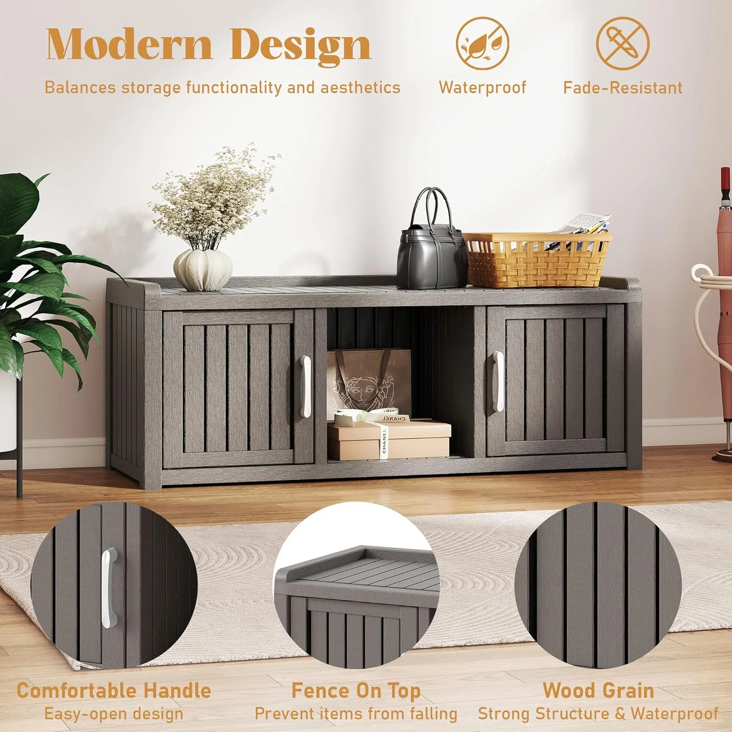 KAMABOKO Outdoor Shoe Storage Cabinet, Waterproof UV-Resistant Entryway Storage Bench Indoor Outdoor with 2 Barn Doors, Adjustable Shelves for Entryway, Bedroom, Hallway,Living Room(Black) - Image 22