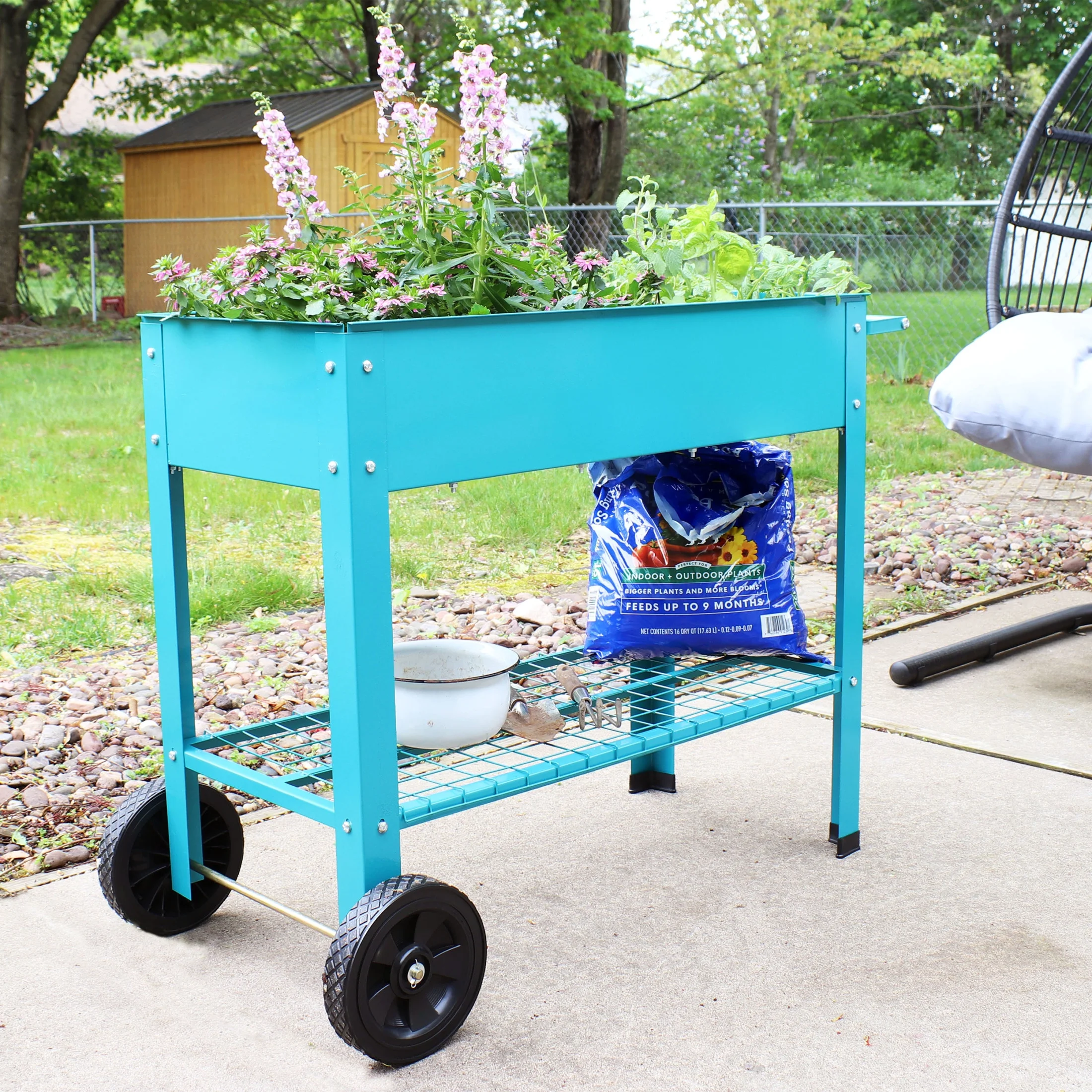 Sunnydaze 43.5" x 20.75" x 31.75" Blue Galvanized Steel Raised Garden Bed Cart with Wheels - image 6