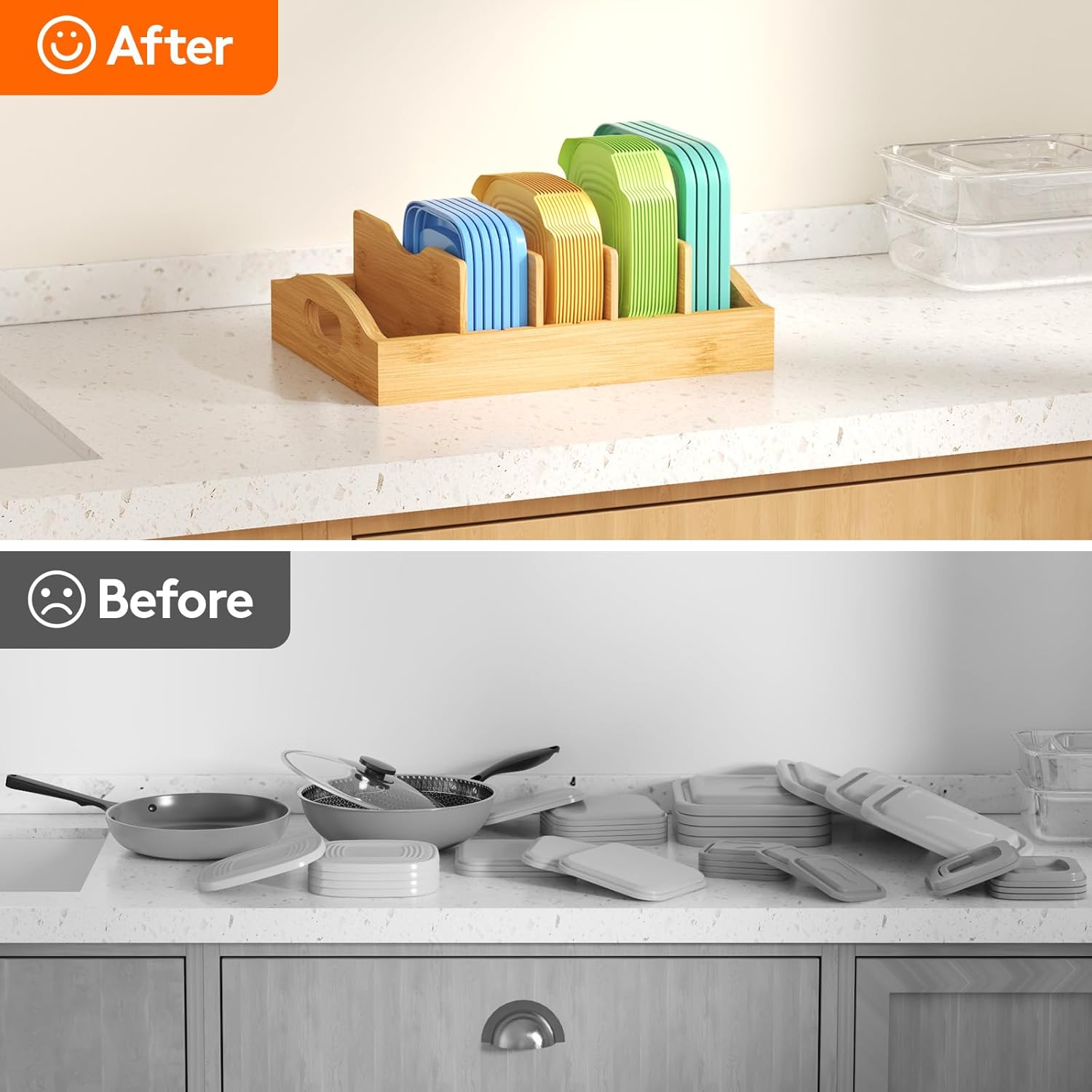 Lifewit Bamboo Lid Organizers for Inside Cabinet, Food Storage Container Lid Holder with 4 adjustable Inserts & 5 Sections, Kitchen Pantry organizer and storage, 10.6