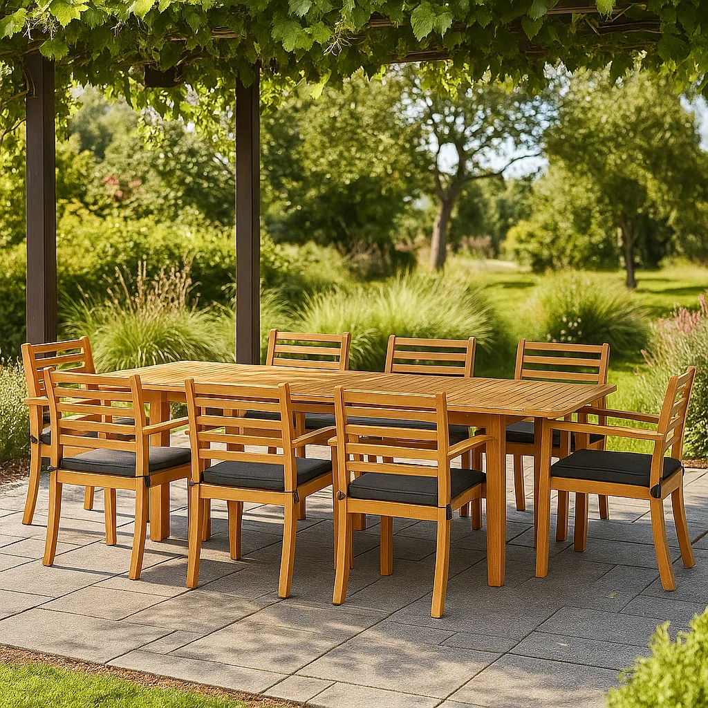 Conjunto de comedor de jardín 8 plazas, madera de acacia, estructura de hierro galvanizado, 1 mesa y 8 sillas, negro - chNwEWl186Xy