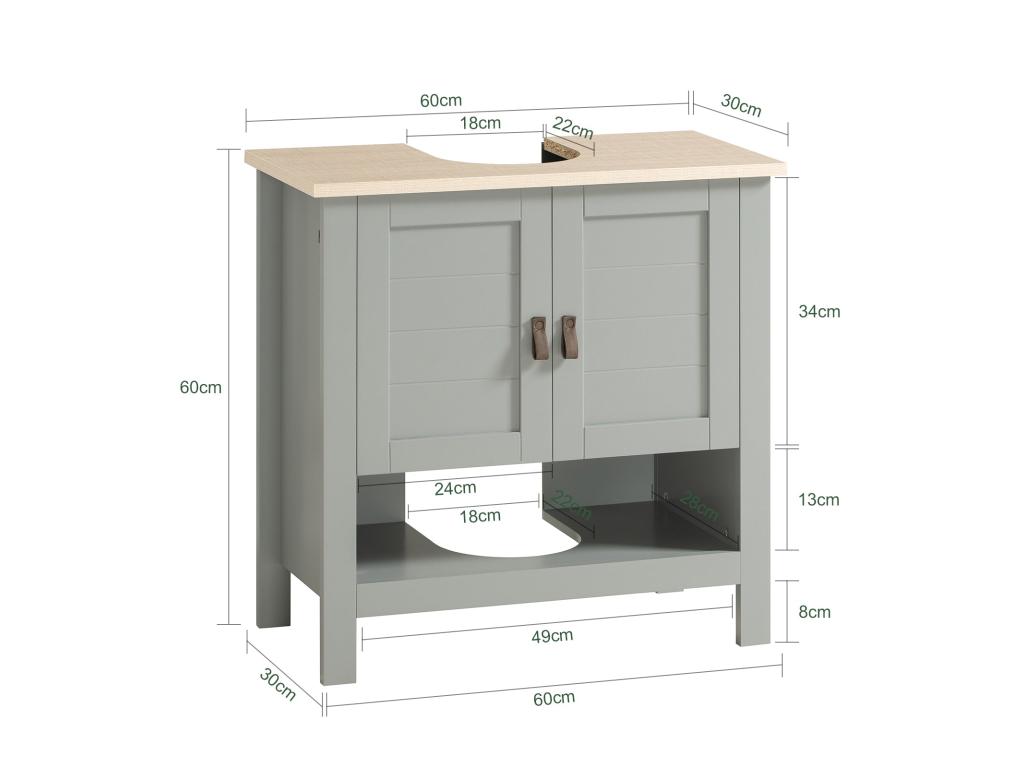 Mueble para Debajo del Lavabo Armario de Baño de Suelo con 1 Estante y 2 Puertas 60 x 30 x 60 cm BZR69-II-HG Lujodec ES