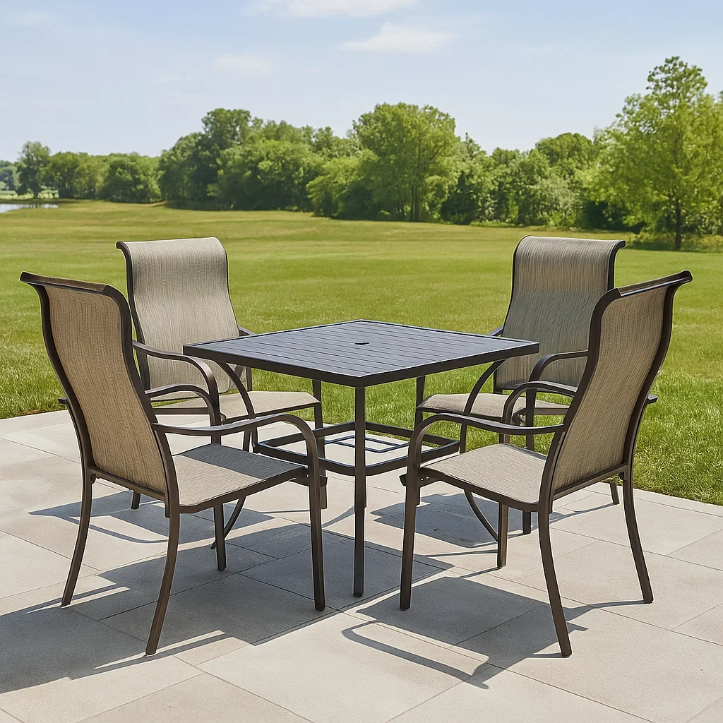 Conjunto de comedor de terraza,mesa cuadrada con 4 sillas,marrón,acero,adecuado para jardín