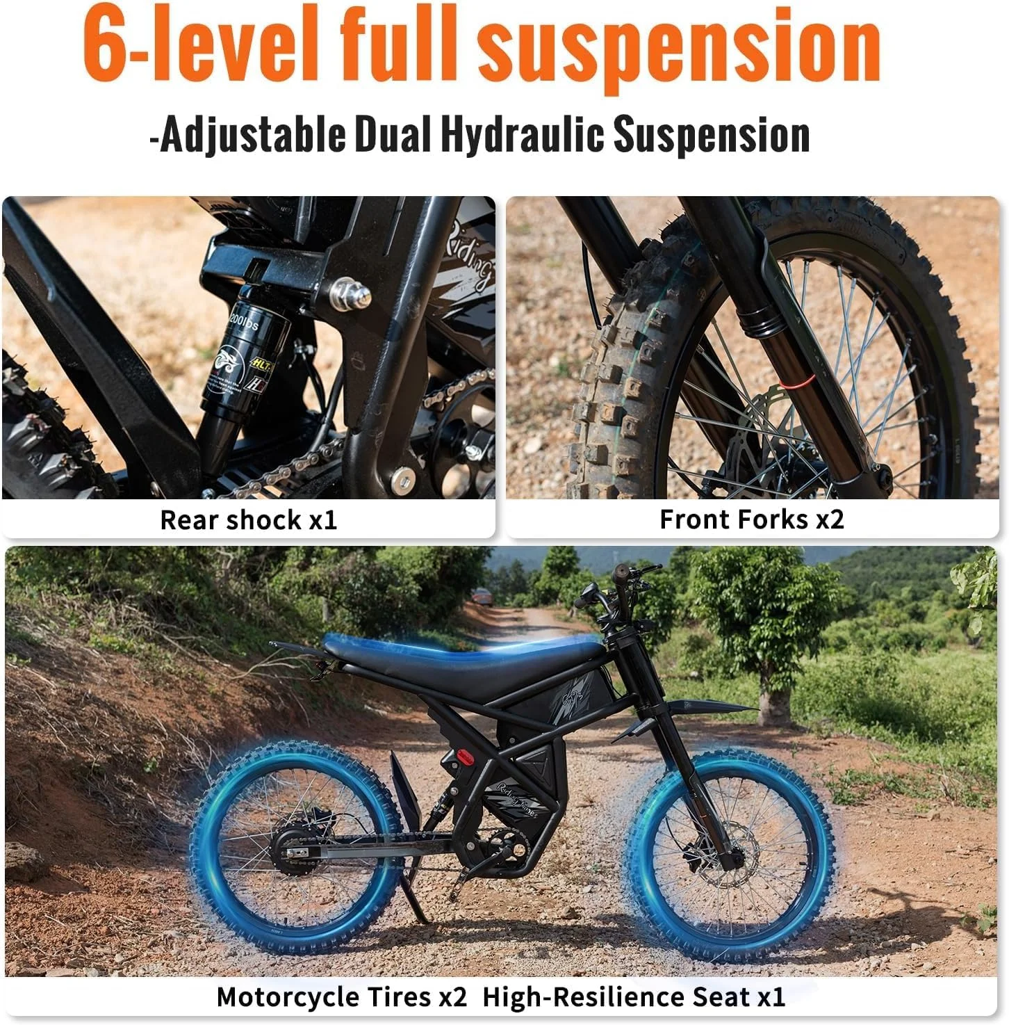 Ridingtimes GT73 Electric Dirt Bike for Adults 2400W 48V 37MPH 36.4AH Dual Battery 85 Miles Range 25" Tires UL2849 Certified - Image 2