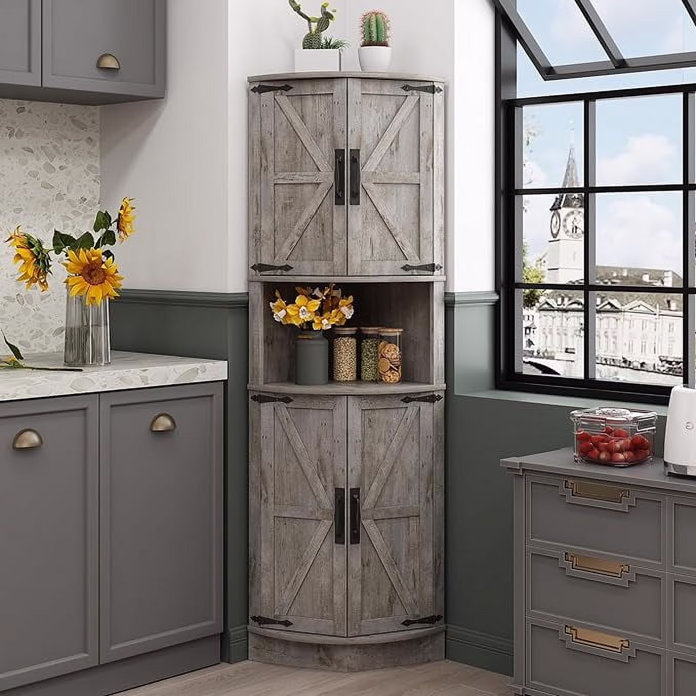 Vabches Farmhouse 64.8'' Tall Corner Cabinet with 4 Doors and 5 Storage Shelves for Kitchen, Living Room, White