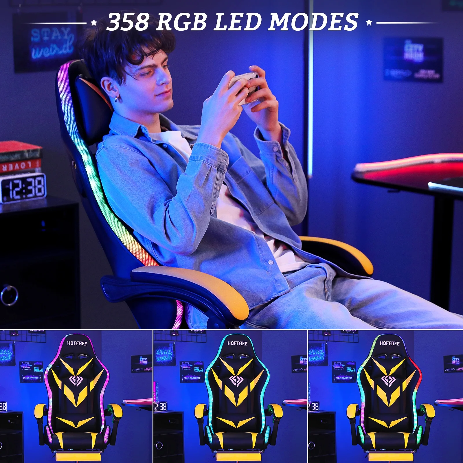 Hoffree Gaming Chair with Speakers PU Leather Office Chair with Footrest and LED Lights Ergonomic Gamer Chair with Massage Lumbar Support and Headrest Adjustable Swivel for Home Office 300lb - Image 34
