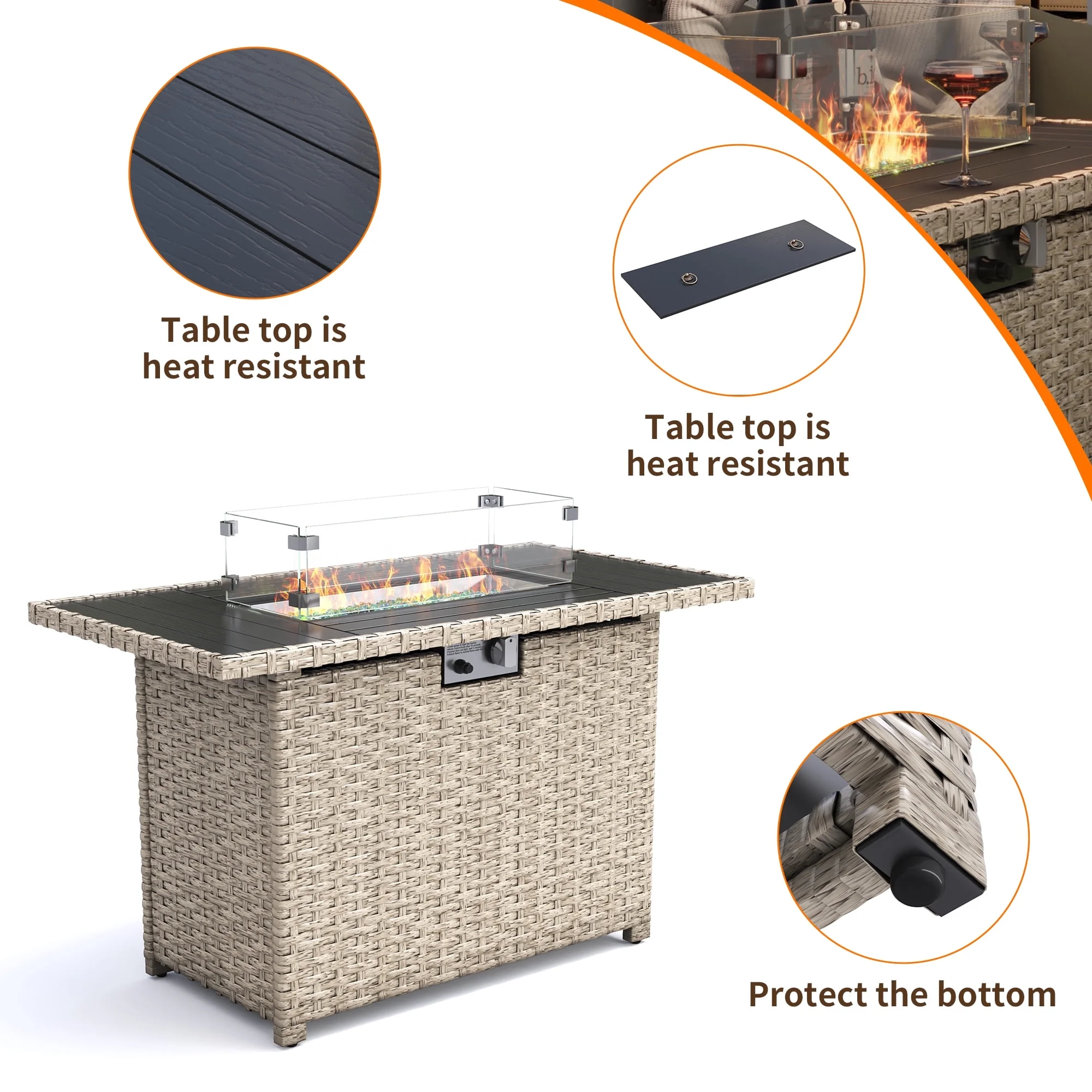 MRUAKA 8 Pieces Patio Furniture Set with Fire Pit Table, Outdoor Furniture Sectional Rattan Sofa with Slanted Back, Patio Couch with Glass Coffee Table for Backyard Garden (Dark Grey) - Image 3