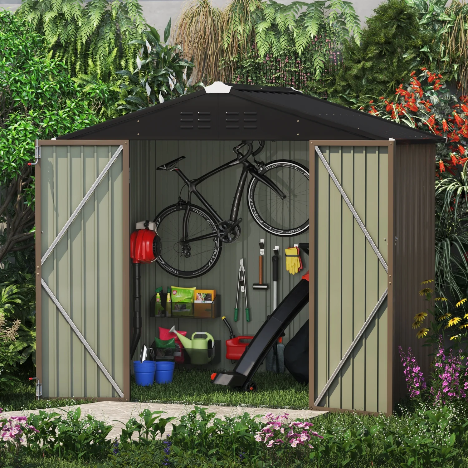 LACOO 4' x 6' Outdoor Storage Metal Shed for Tool Storage, Outdoor House for Backyard & Garden,Brown - Image 23