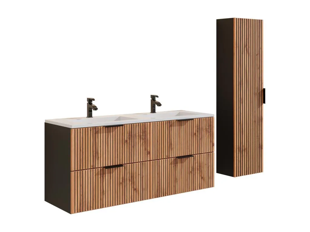 Mueble de baño flotante listado con lavabo empotrado y armario - Natural claro y negro - 120 cm - Hogarve 95101kelw
