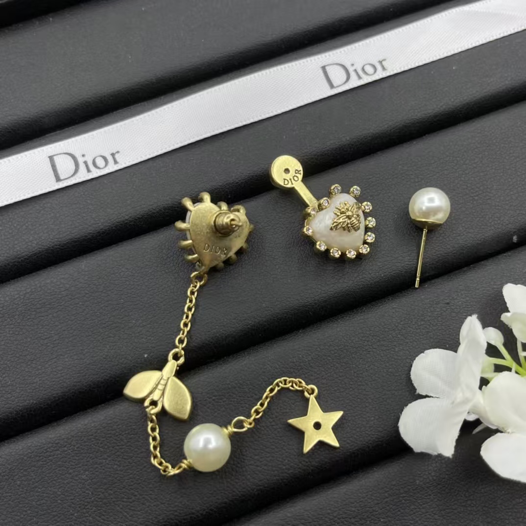 Dior Asymmetric Bee Heart Stud Long Drop Star Earrings - Original Replica Club