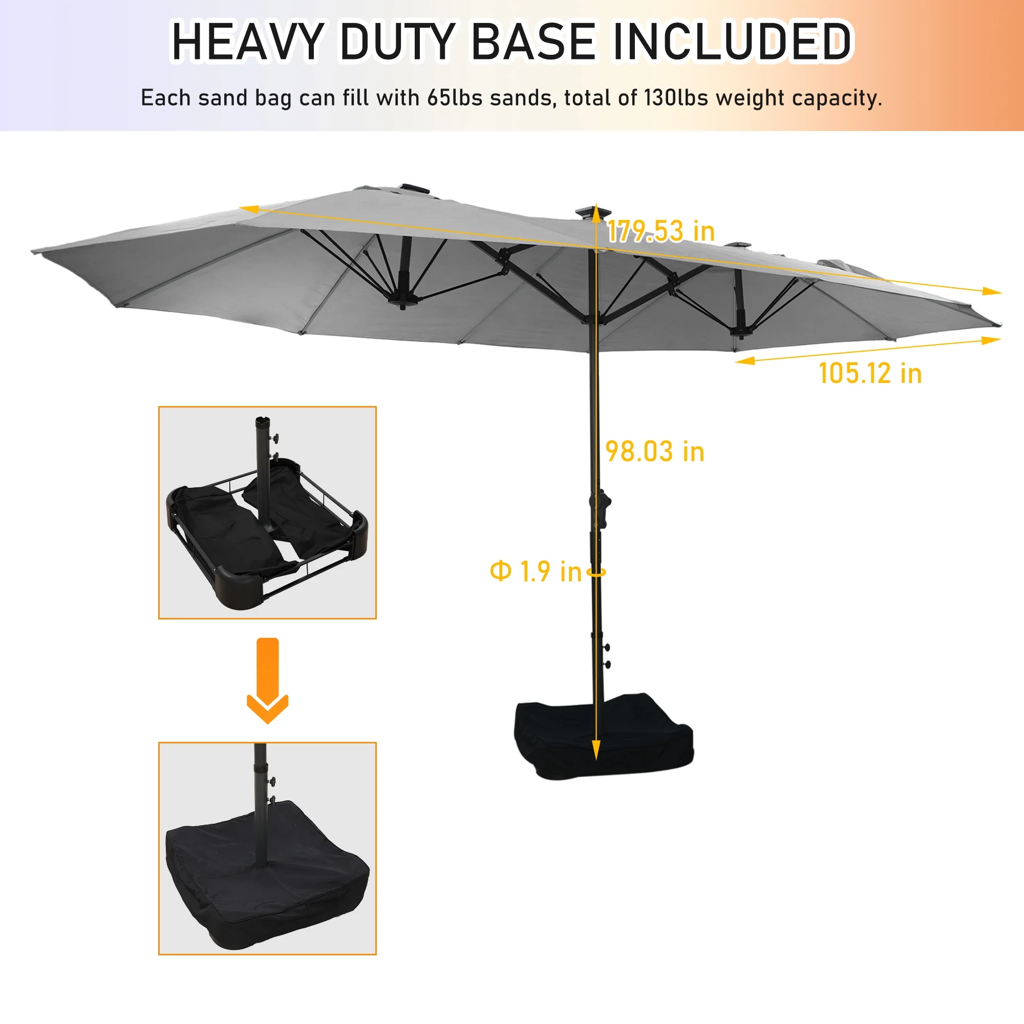 Mondawe 15ft Patio Umbrella, Large Double-Sided Solar LED Outdoor Umbrella with Fiberglass Ribs and Base for Deck Pool, Navy Blue - Image 26