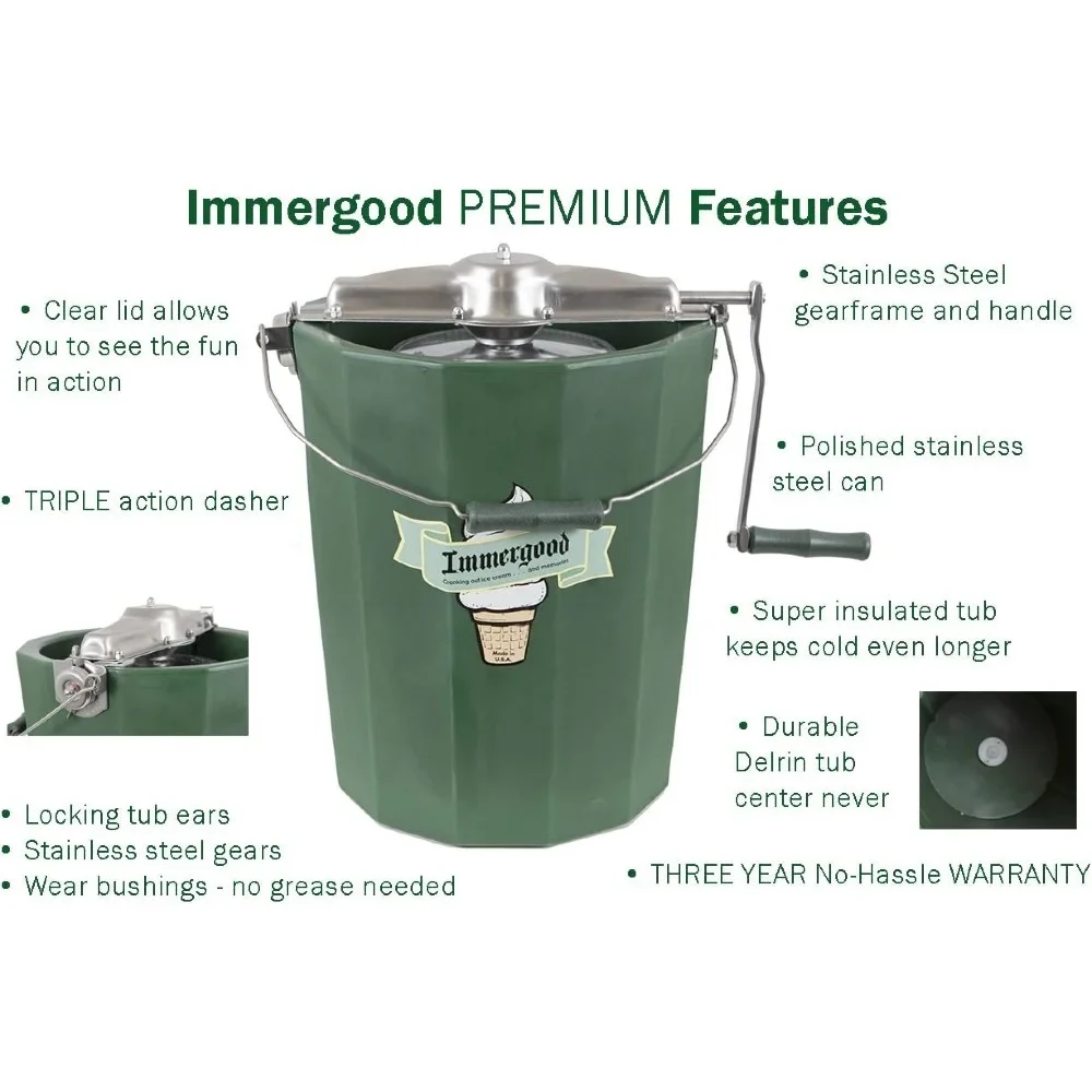 Immergood Amish Made Hand Crank Home Made Ice Cream Freezer Maker, 6 Quart