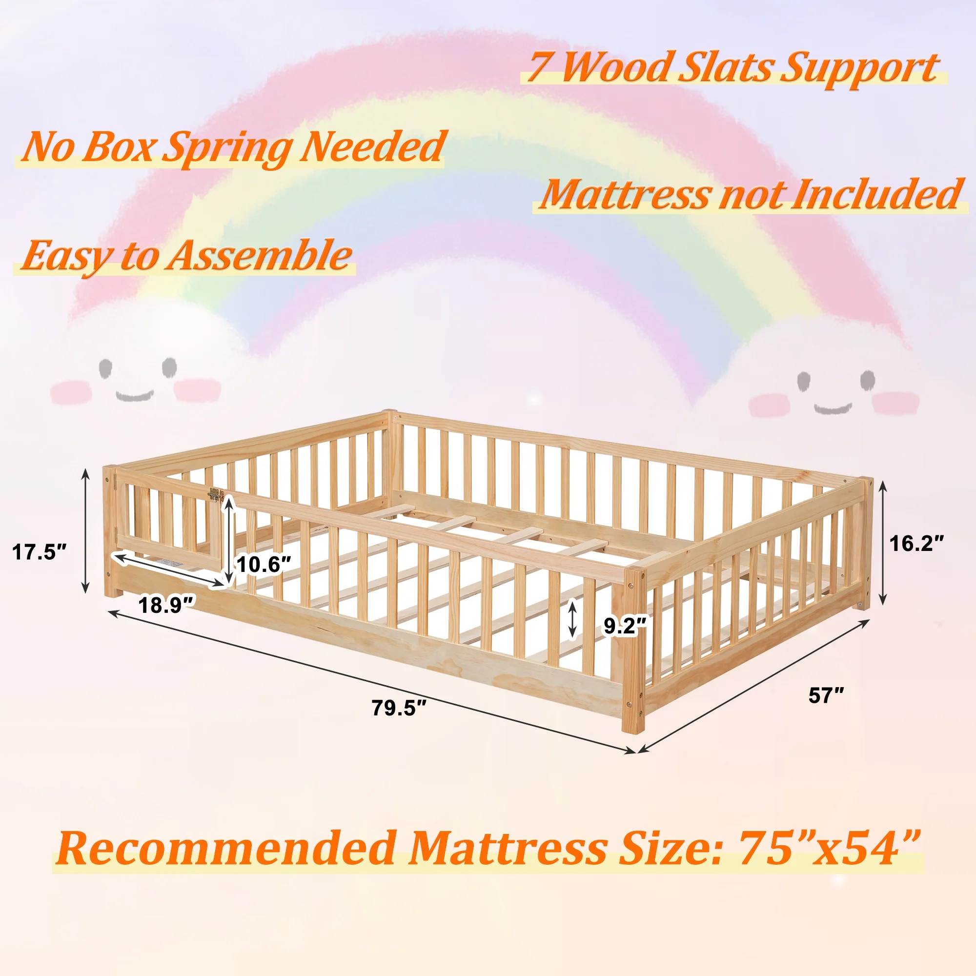 UHOMEPRO Twin Size Floor Bed with Door and Fence, Montessori Floor Bed with Slats and Safety Guardrails, Solid Wood Twin Bed Frame for Bedroom, White - Image 20