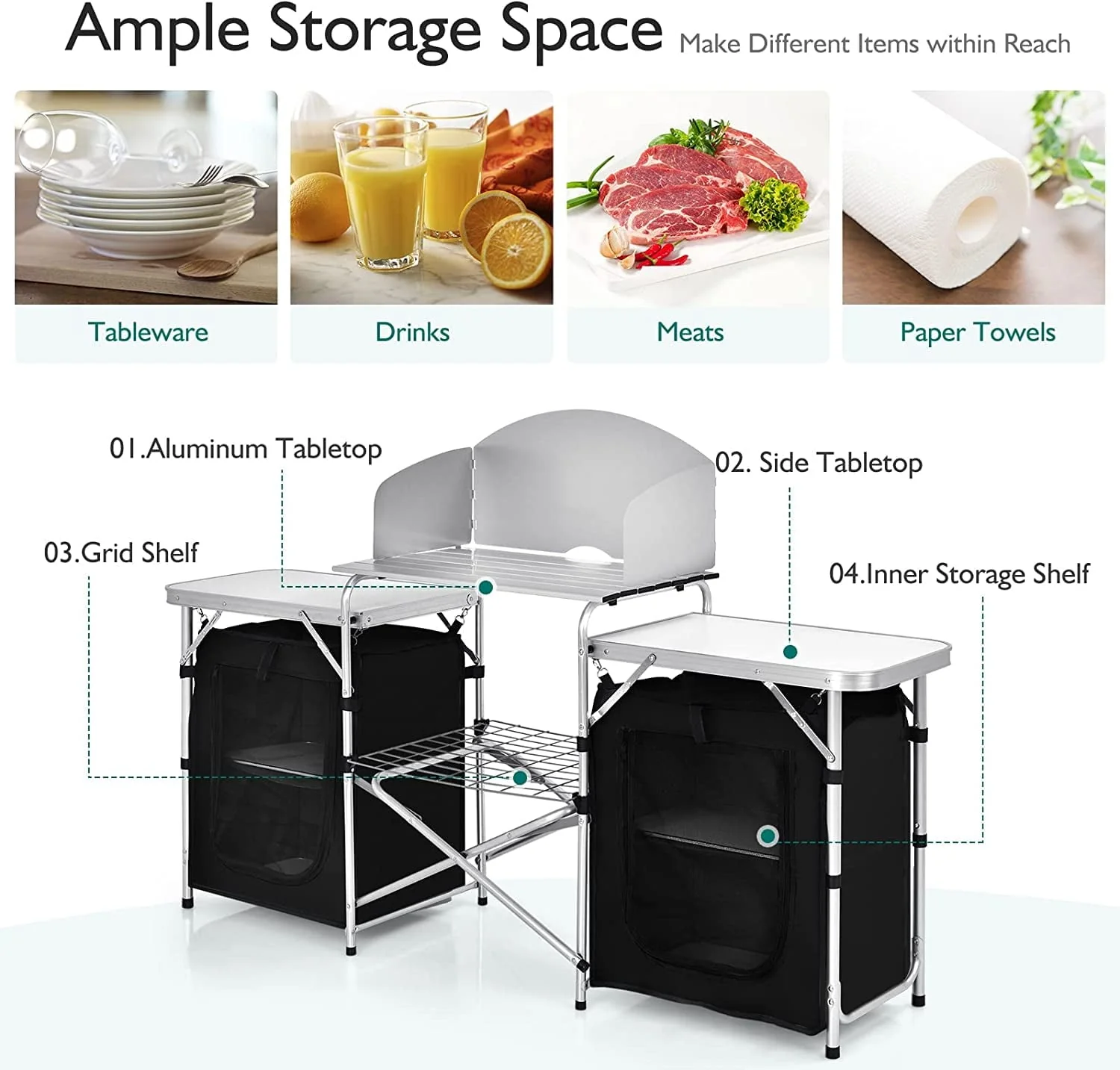 Camping Kitchen Table with Storage, Aluminum Portable Outdoor Cooking Table with Windscreen, Foldable Camp Table Cook Station for BBQ, Grill, Party, Picnics - Image 4