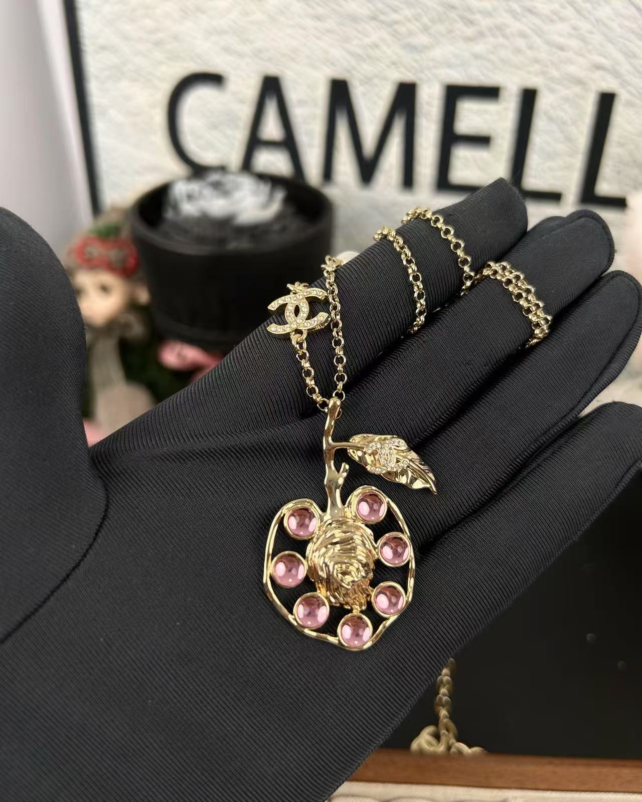 Chanel Pink Rhinestone Peach Pendant Necklace - Original Replica Club