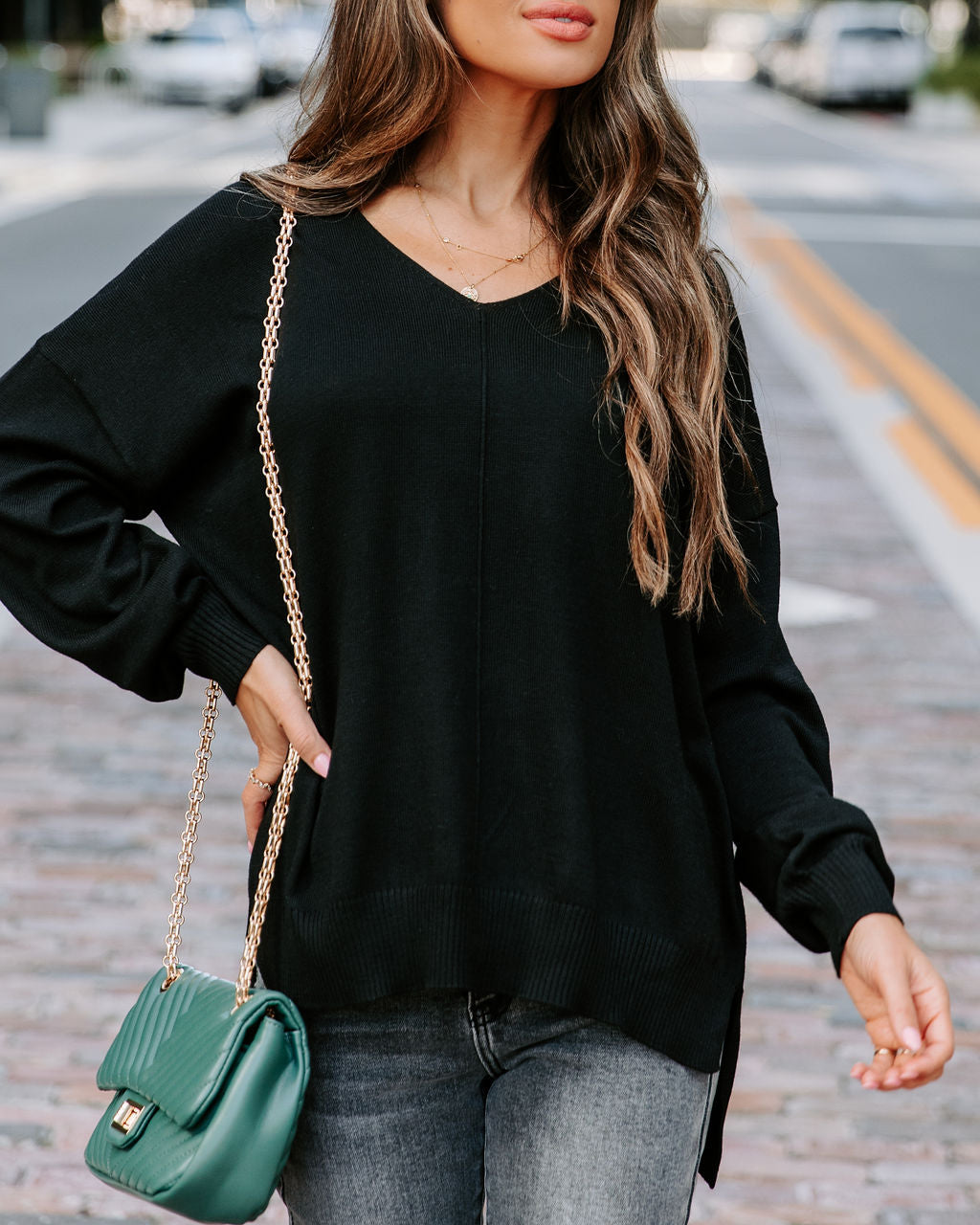 Claudette V-Neck Knit Pullover Sweater - Black - Se7enfashion