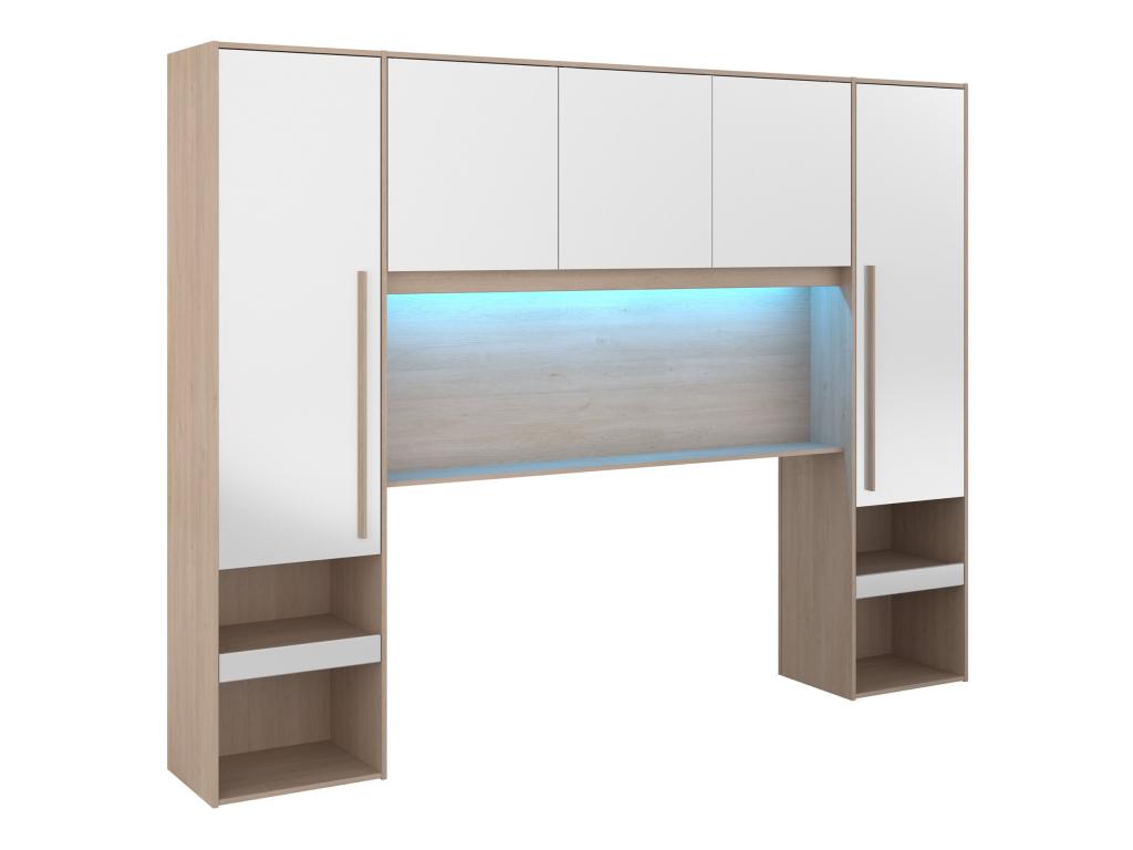 Puente de cama con almacenamiento y leds - l265 cm - blanco brillante y natural
