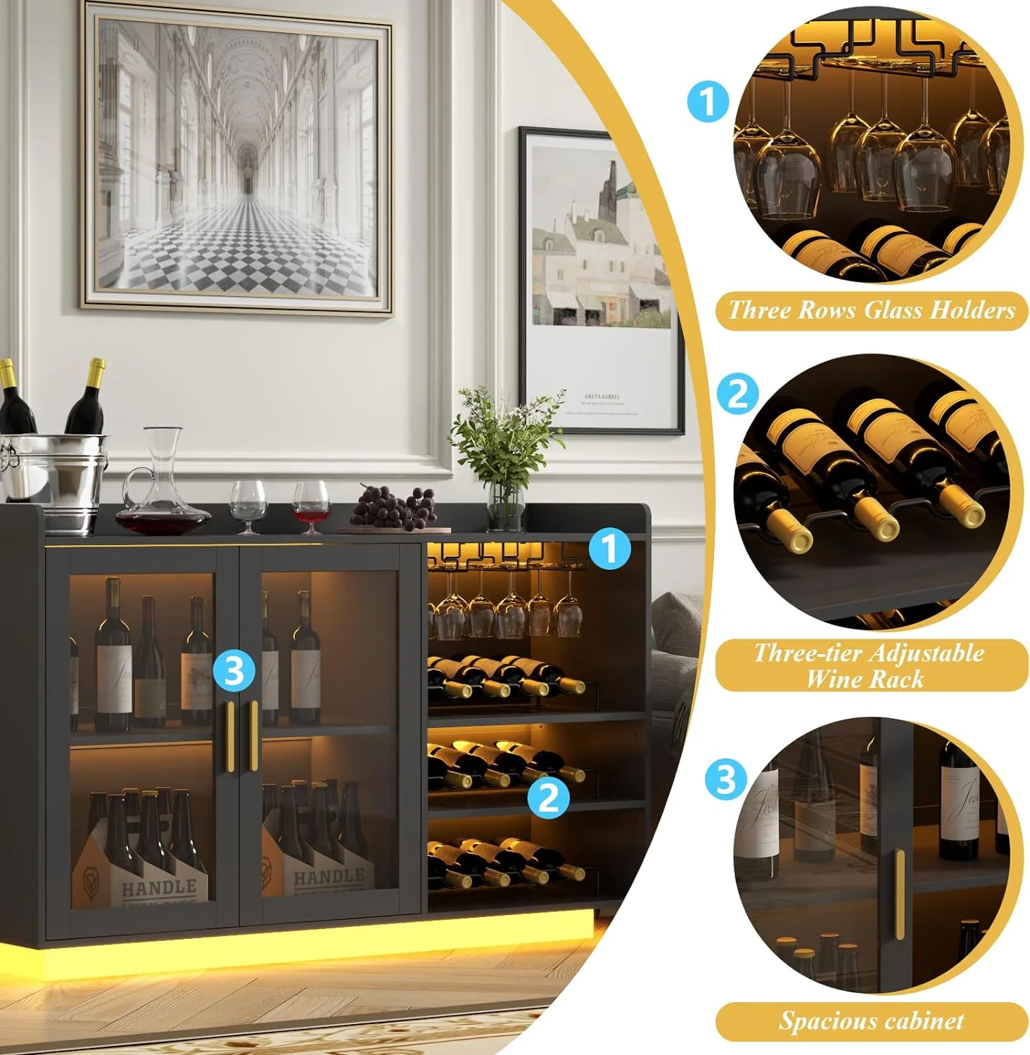 Wine Bar Cabinet with LED Lights, Floating Coffee Bar with Glass Rack and Removable Wine Racks, Modern Buffet Sideboard with Storage Shelves, Kithchen Bar with Glass Cabinet Doors - Image 6