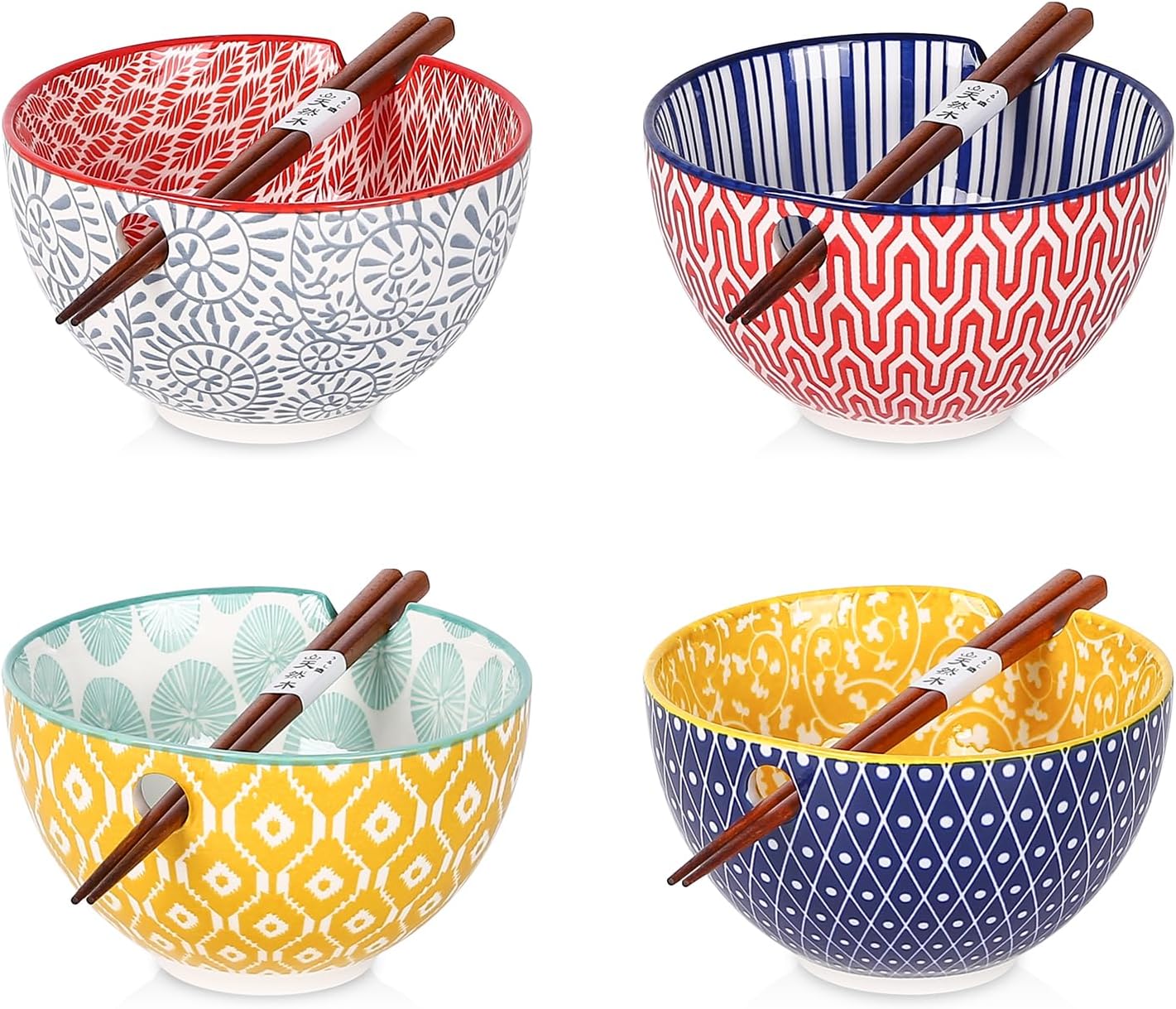 Selamica Ceramic Ramen Bowls Set, 15 OZ Noodle Bowls for Kitchen with Chopsticks, Deep Soup Bowls for Japanese Ramen Udon Soba, Microwave Dishwasher Safe, Set of 4, Vintage Blue