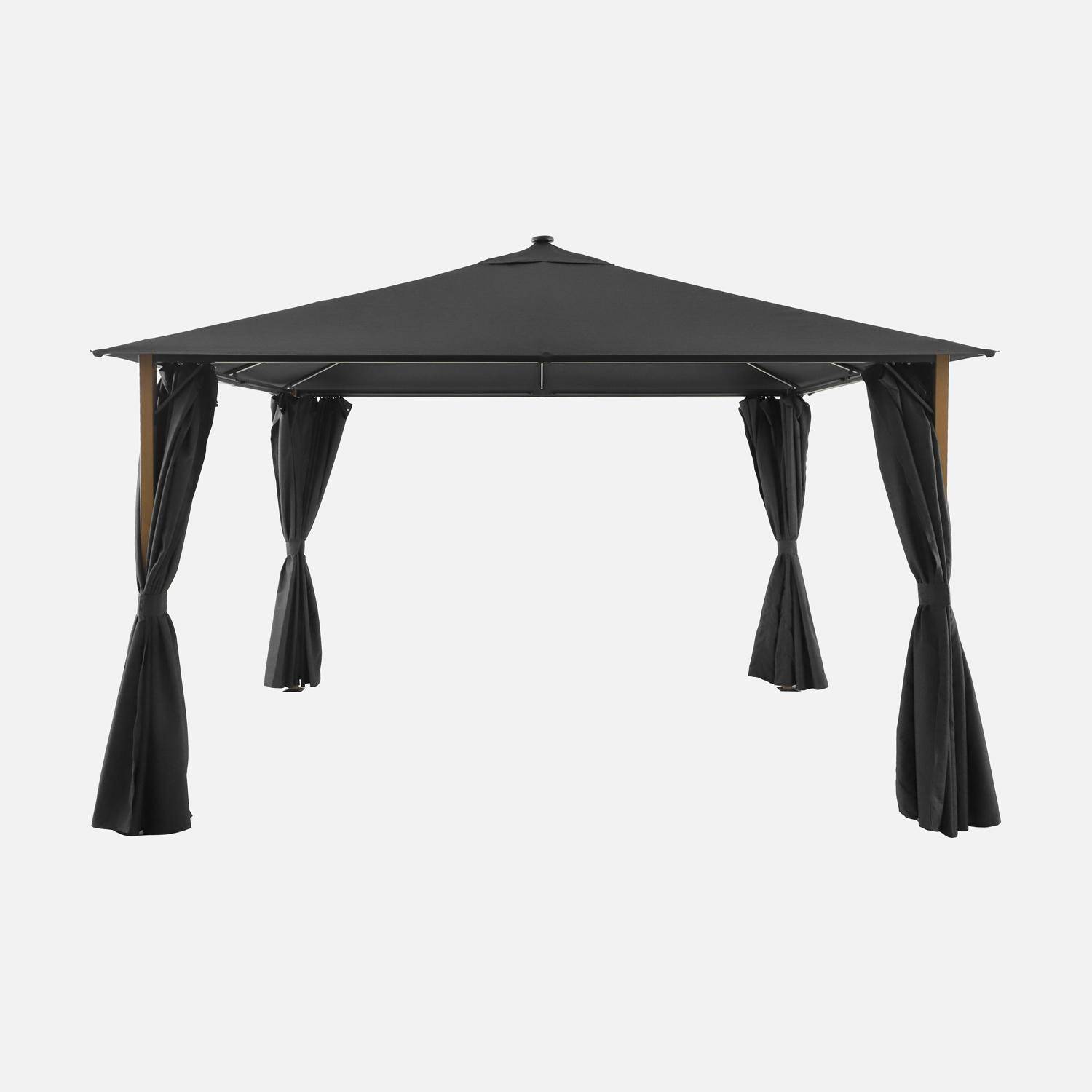 Veluna - Gazebo de jardín 3x4m de aluminio efecto madera con cortinas y led