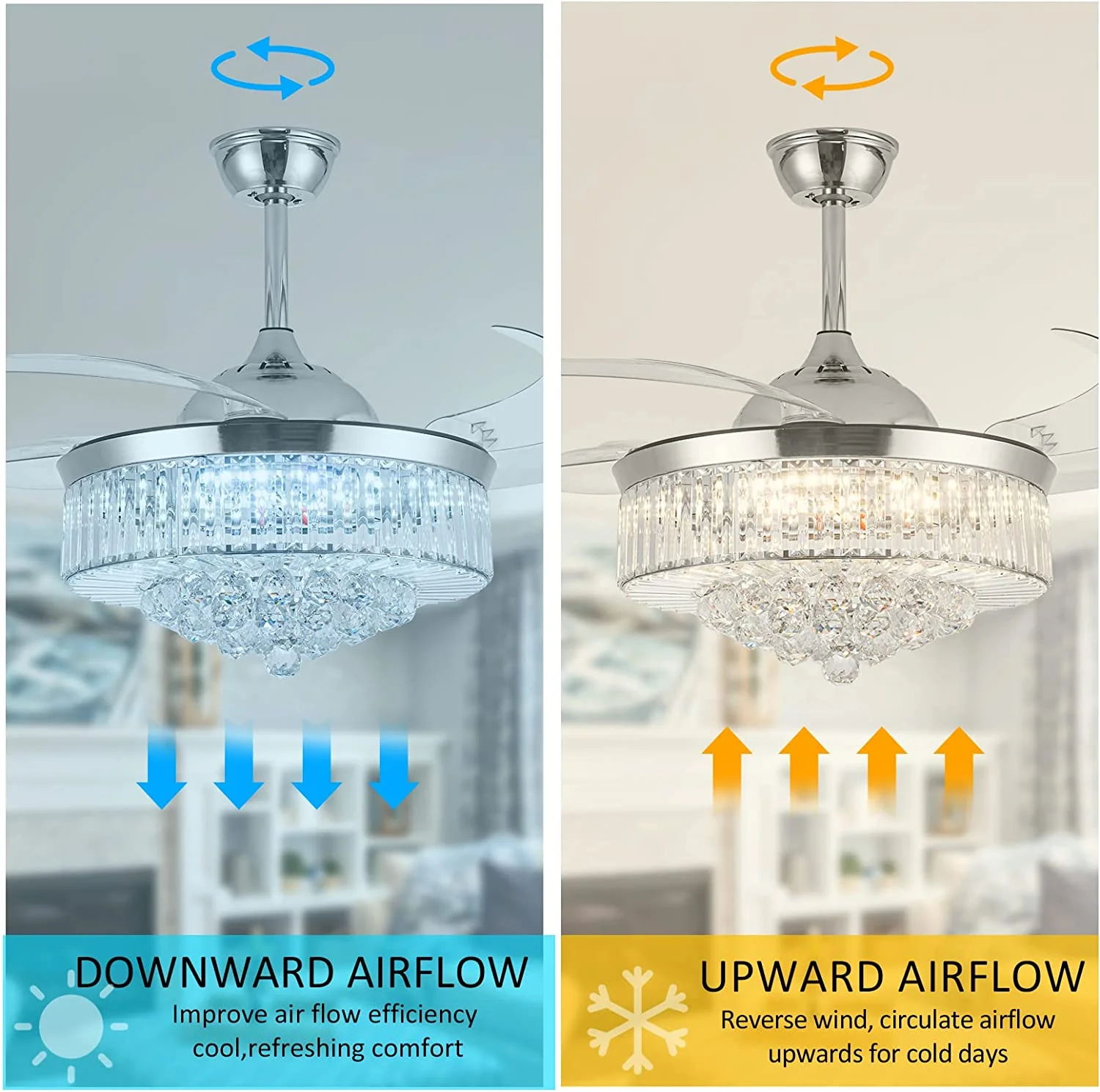 Datingday 42 Inch Crystal Ceiling Fan Golden Crystal Ceiling Fan Chandelier with Remote 6 Speeds 3 Colors Changes Lighting Fixture, 4 Blades Retractable Fans for Bedroom Living Room Dining Room - Image 11