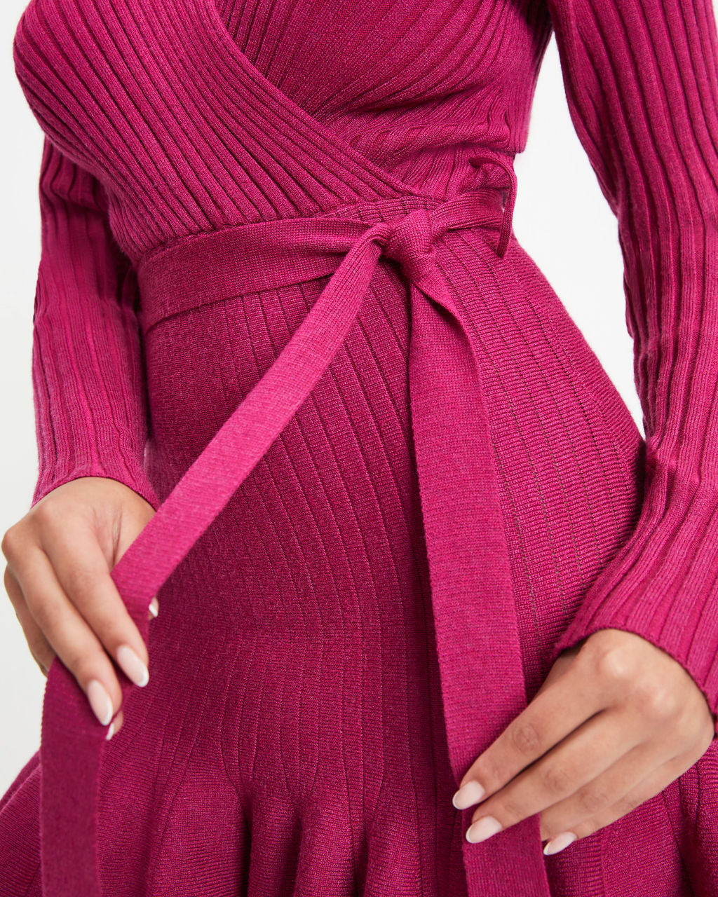 Very Lady Like Knit Ribbed Ruffle Mini Dress - Berry - Se7enfashion