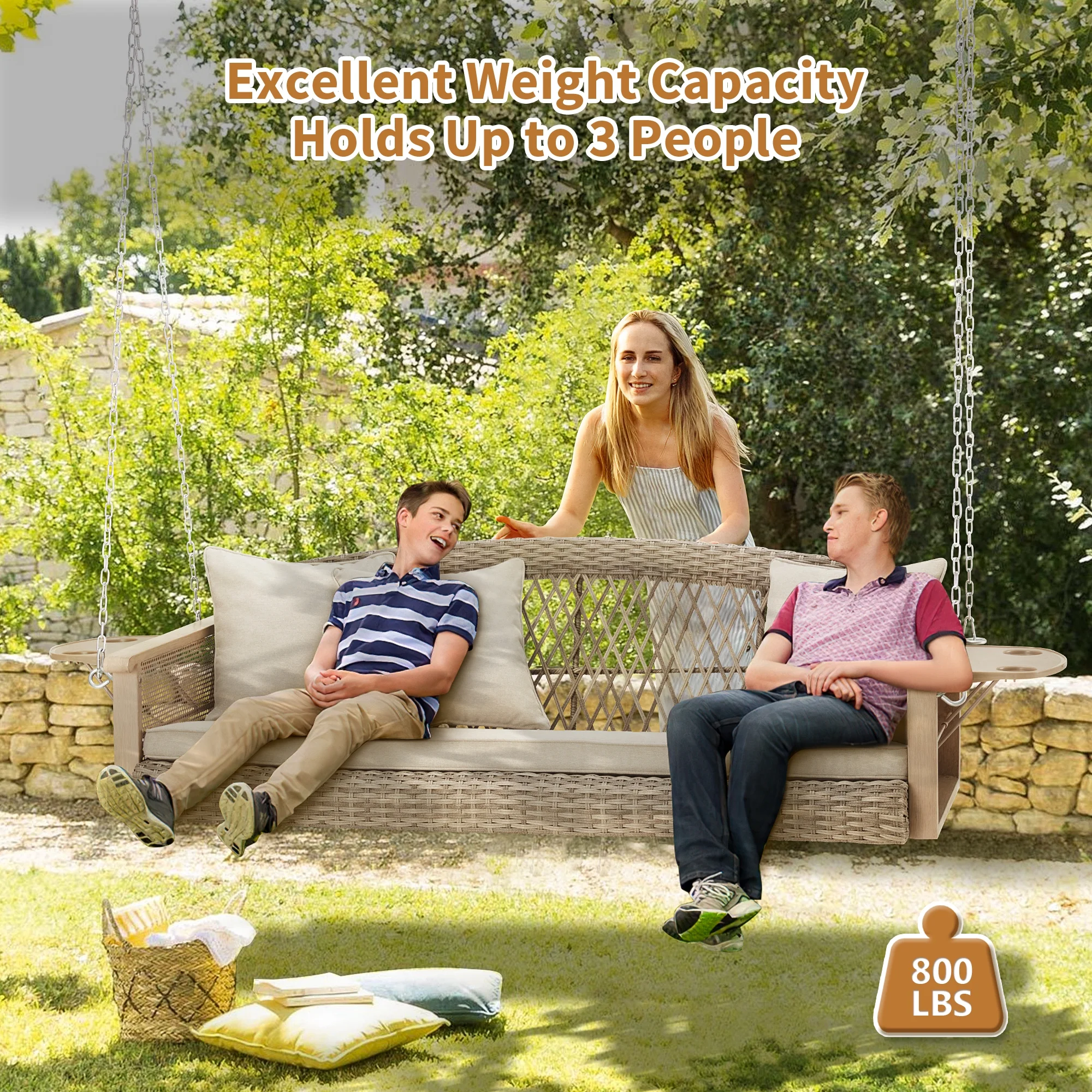 Homrest 3-Person Porch Swing 55in Wicker Hanging Swing Bench with Cushions and Cupholders for Deck, Garden and Backyard, Beige - Image 8