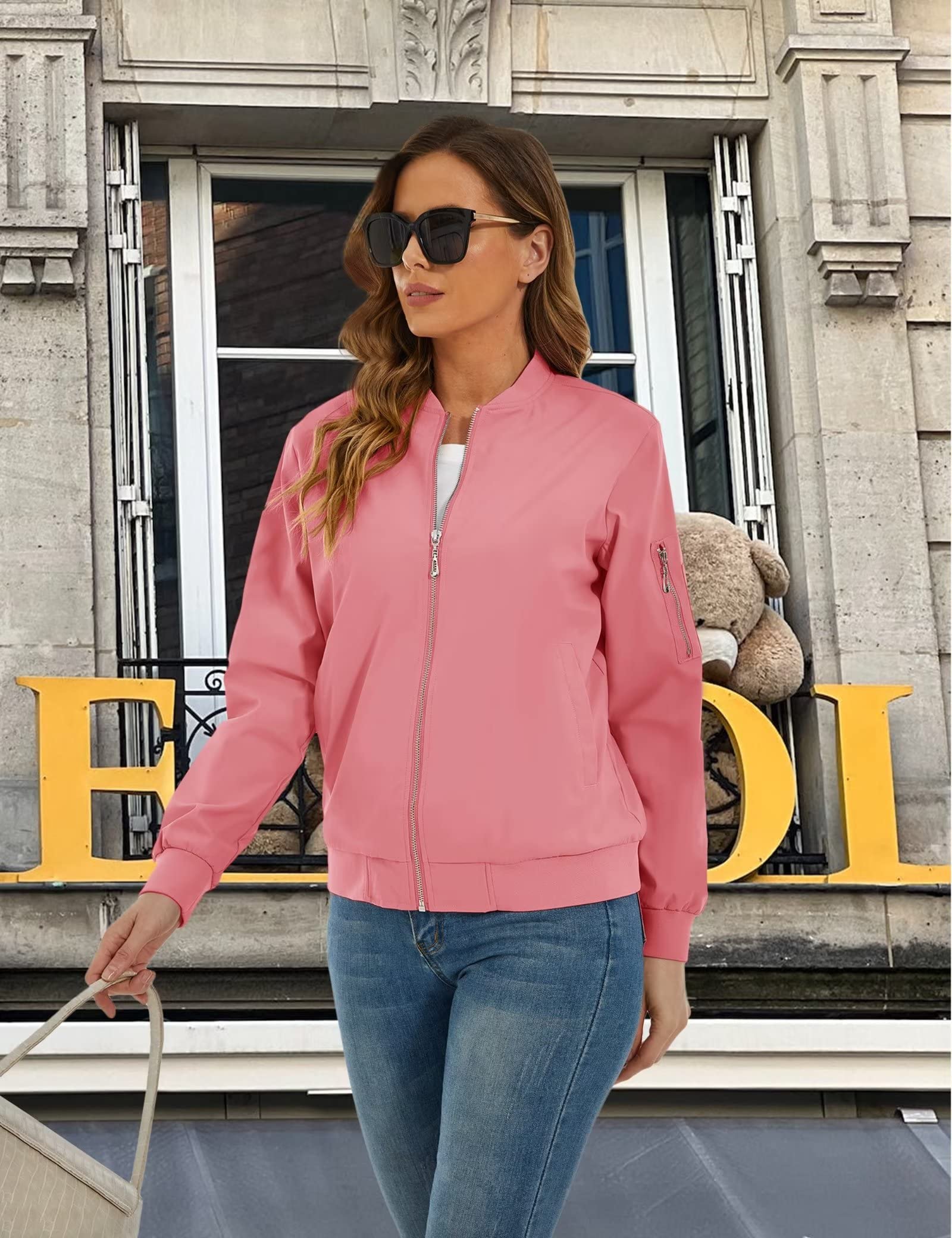 Women's Bomber Jackets Casual Jacket with 3 Pockets Spring Windbrealer Coat Fashion Outwear