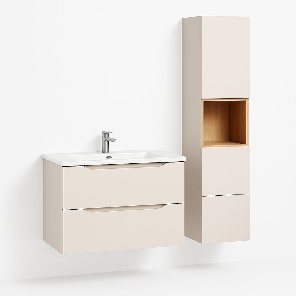Mueble de baño moderno con lavabo, armario lateral, diseño minimalista, color beige, estructura de madera
