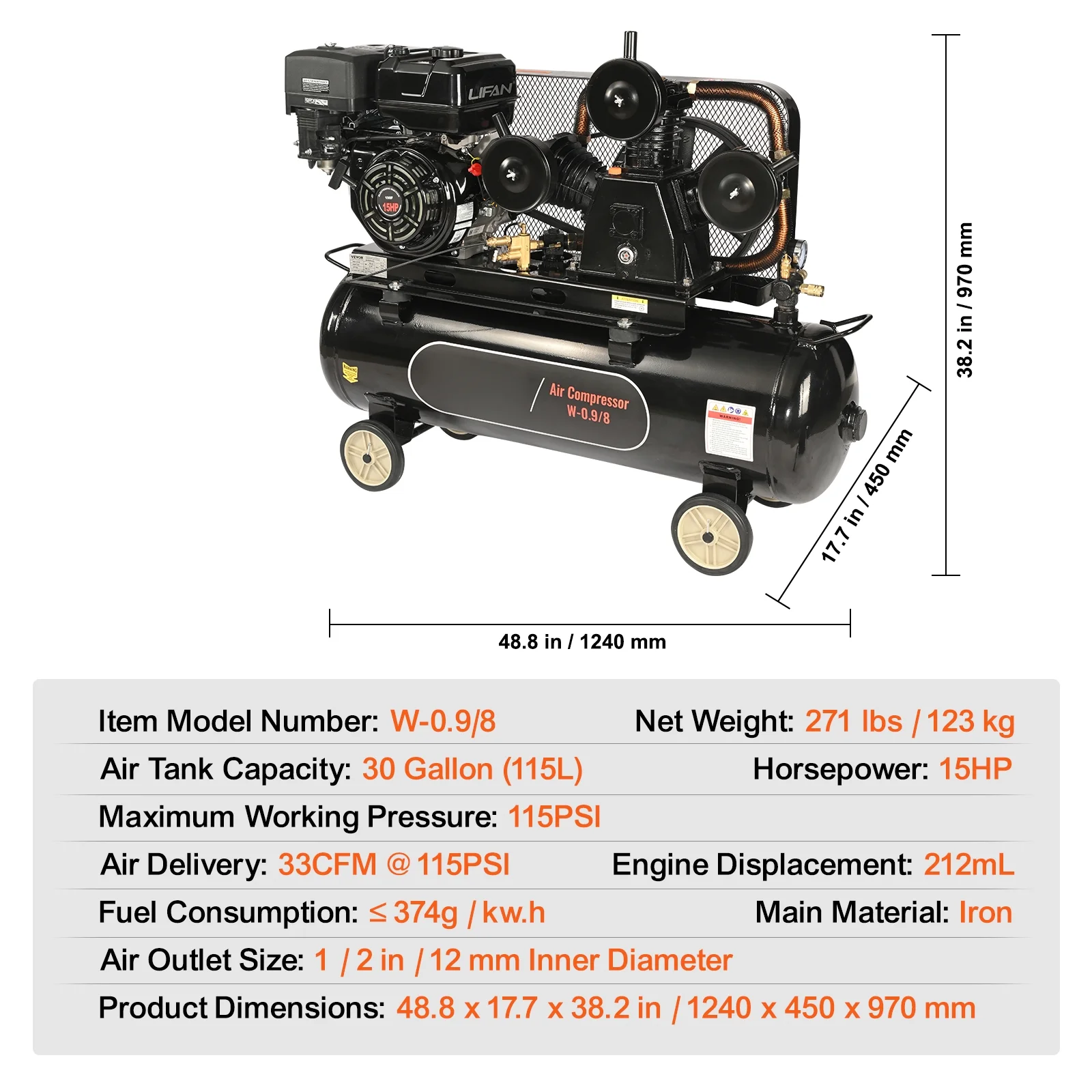 KFFKFF 15HP Gas-Fueled Air Compressor, 30 Gallon Horizontal Compressor Tank, 33CFM@115PSI Gas Propelled Piston Pump Compressed Air System with 115PSI Maximum Pressure for Building Sites Workshop - Image 7