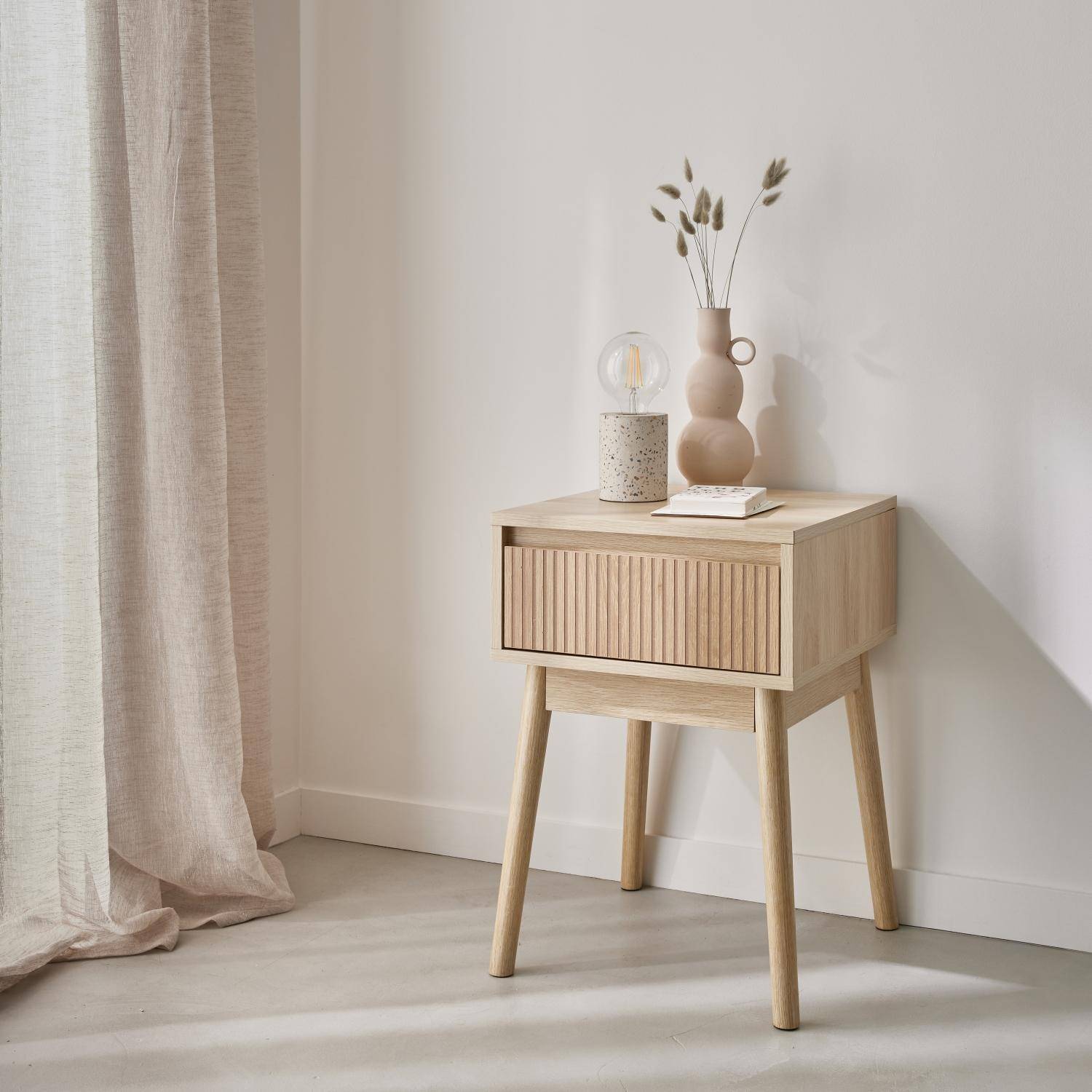 Linear - Mesita de noche con efecto madera, 1 cajón
