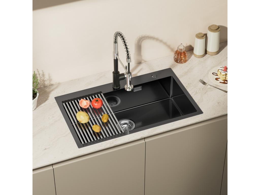 AuralumMAX Fregadero de Cocina 1 Bandeja 75 x 45 cm,Fregadero Inox Negro con Escurridor Plegable+Grifo Cocina conDucha Extragible, 2 Modos Jets,Negro