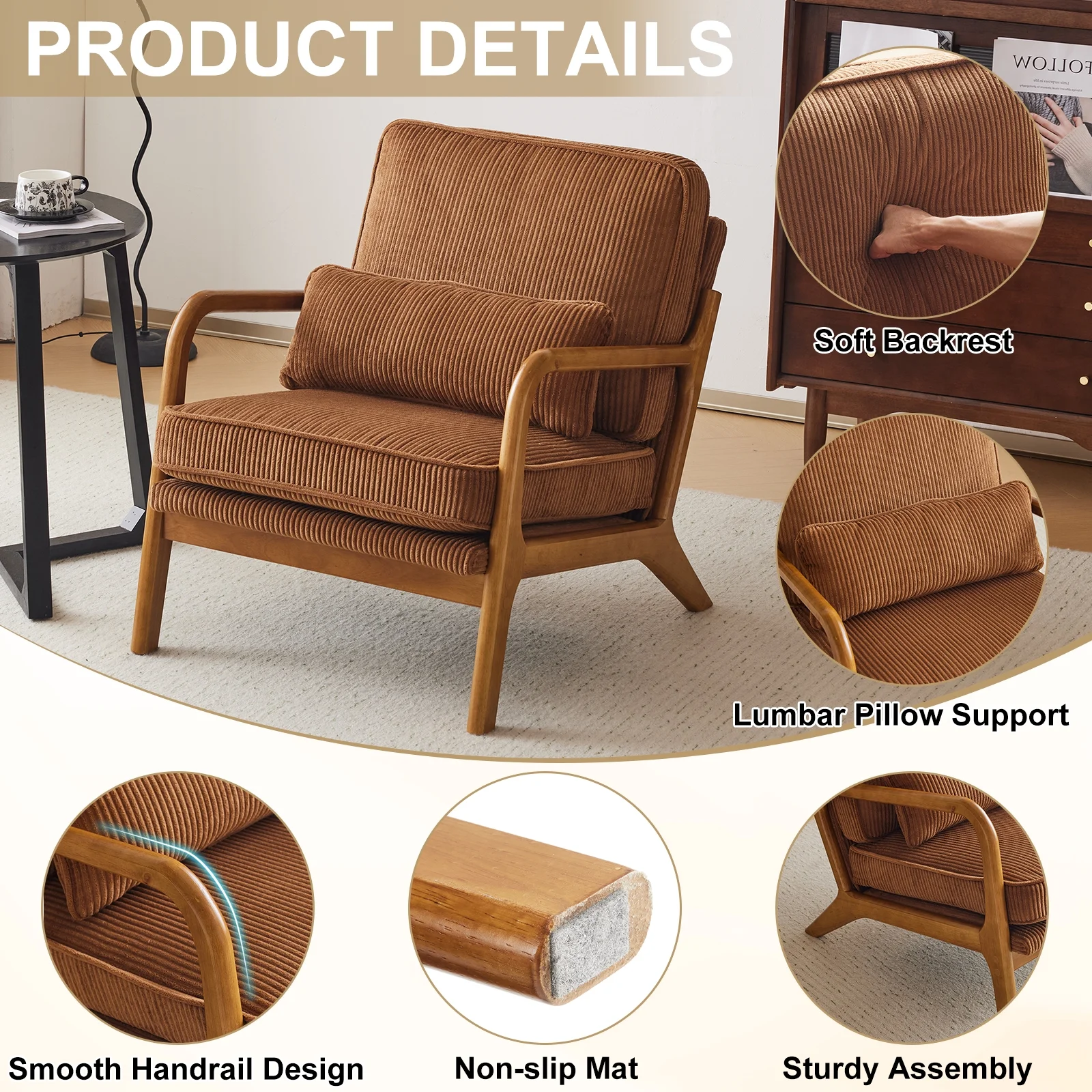 Ktaxon Accent Chair Corduroy Upholstered Armchair, Reading Club Chair with Pillow and Solid Wood Frame for Living Room Bedroom Furniture Off White - Image 42