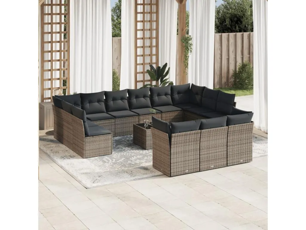 Set de sofás de jardín 14 pzas con cojines ratán sintético gris 77174pbgo