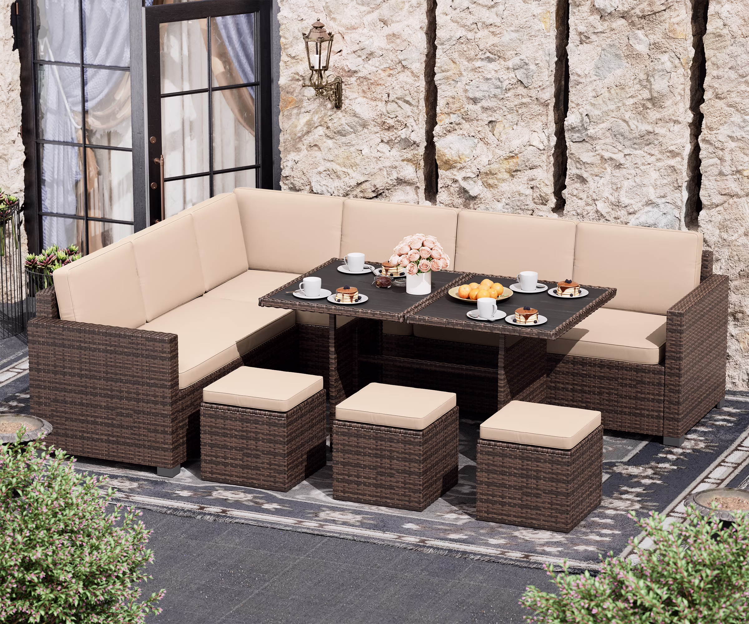 Bifanuo 7 Piece Patio Furniture Set, Outdoor Furniture Patio Sectional Sofa, All Weather PE Rattan Outdoor Sectional with Beige Cushions and Table, Black Wicker - Image 9