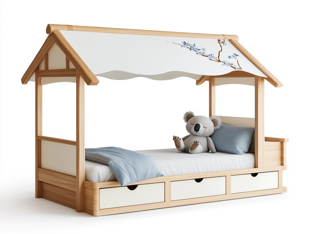 Cama infantil tipo casita con toldo y cajones de almacenamiento