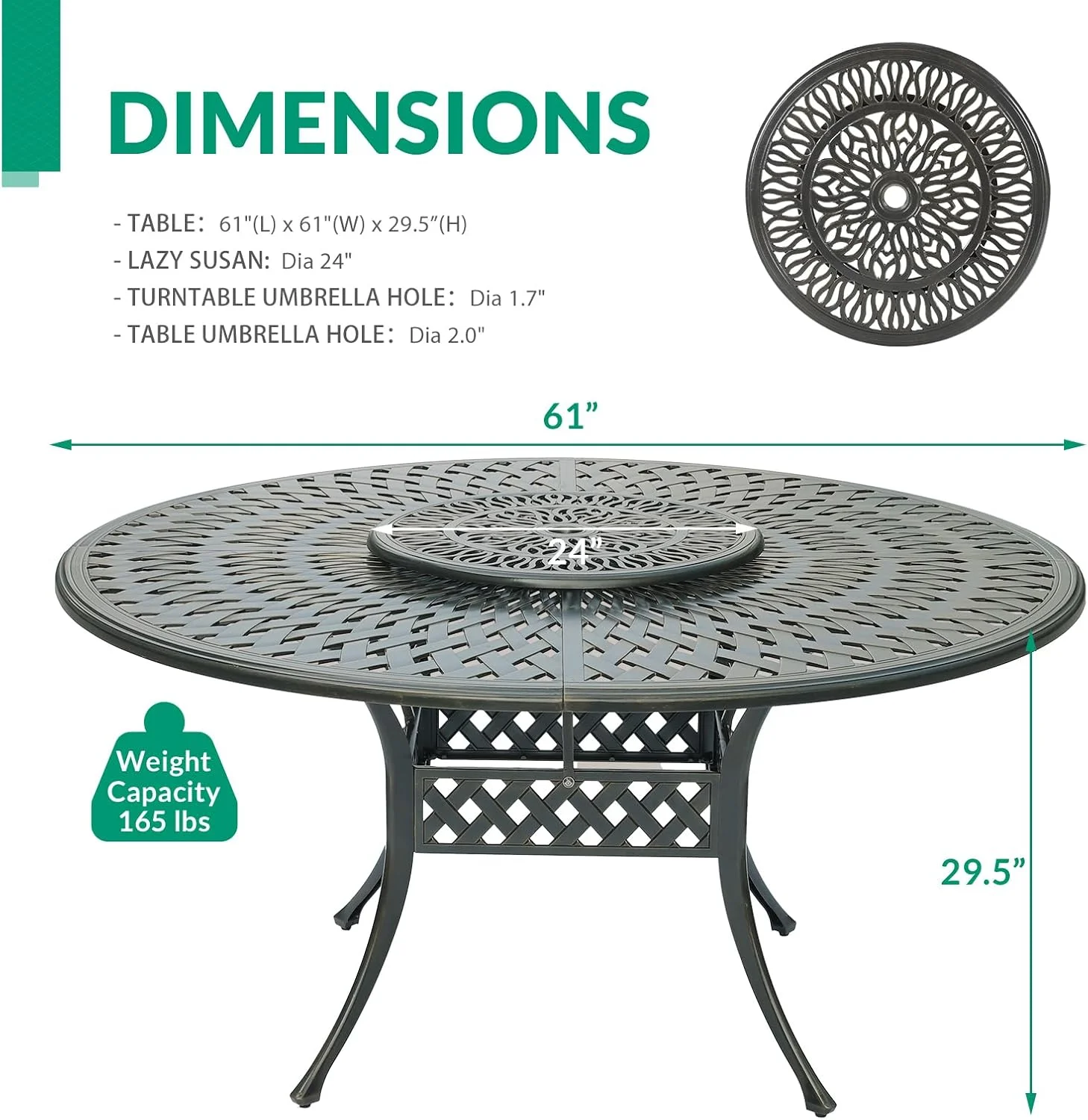 VIVIJASON Outdoor 61" Patio Dining Table for 6-8 Person, Large Patio Round Dining Table with 24" Lazy Susan, Dark Bronze Cast Aluminum Rustic Patio Table W/Umbrella Hole for Balcony, Porch and Deck - Image 4