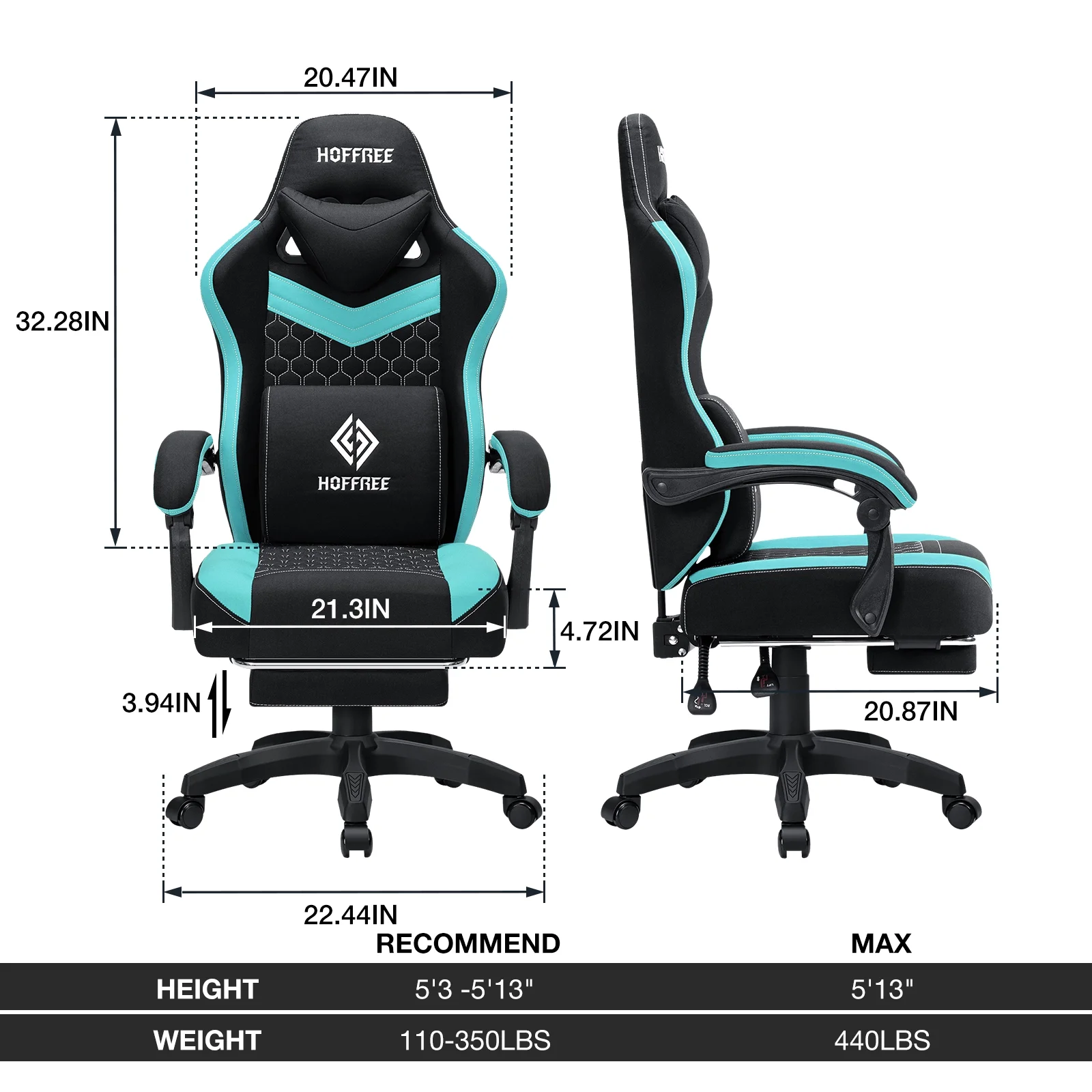 Hoffree Gaming Chair with Massage Fabric Office Chair with footrest for Adults, Ergonomic Gamer Chair with Headrest and Lumbar Support for Office Gaming, 440 LBS - Image 33