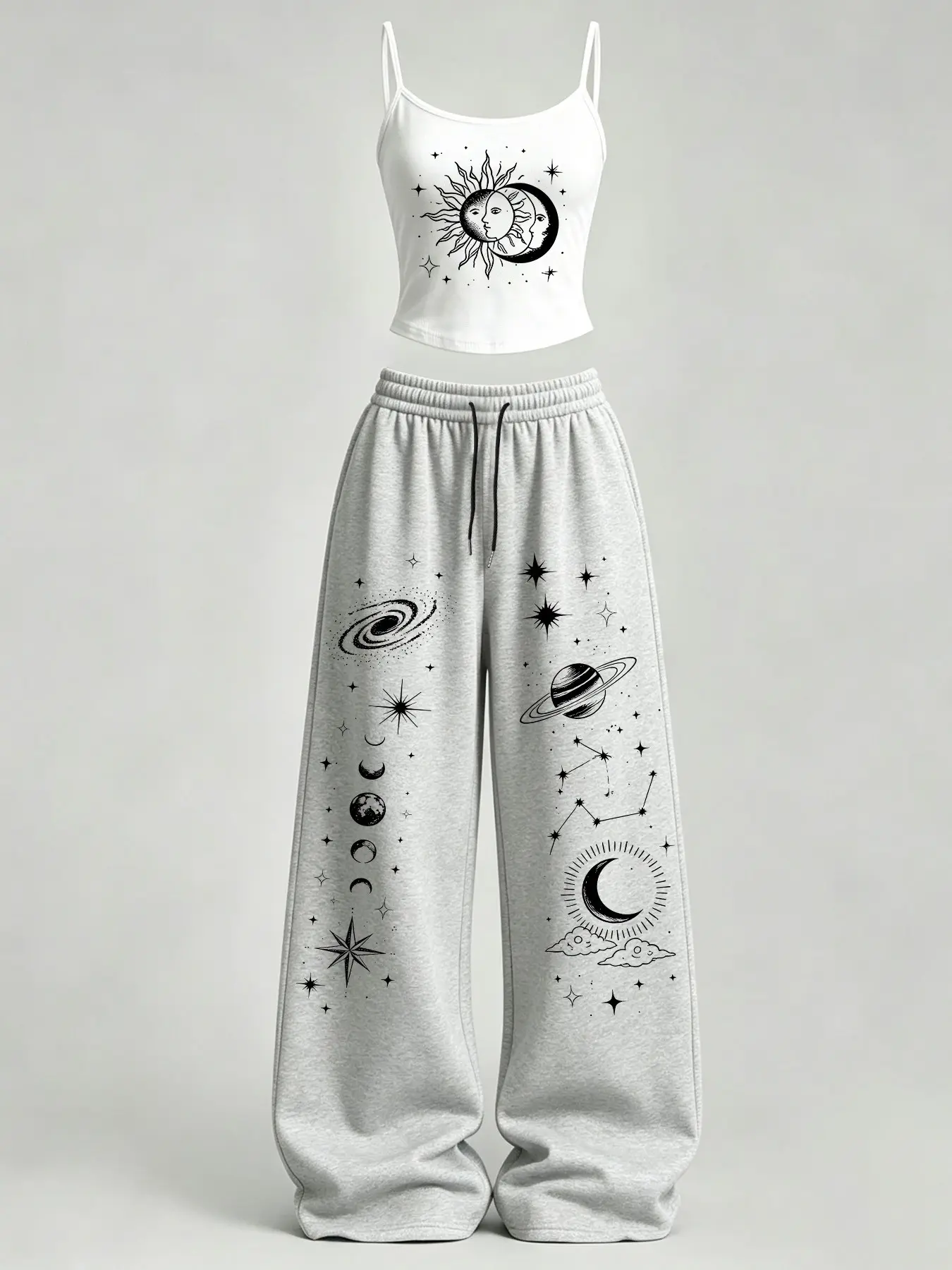 Women's Casual Tank Top Set, Sun Moon Star Print Slim Fit Vest + Loose Pants TeeThreads Sustain the Scene with Custom Apparel