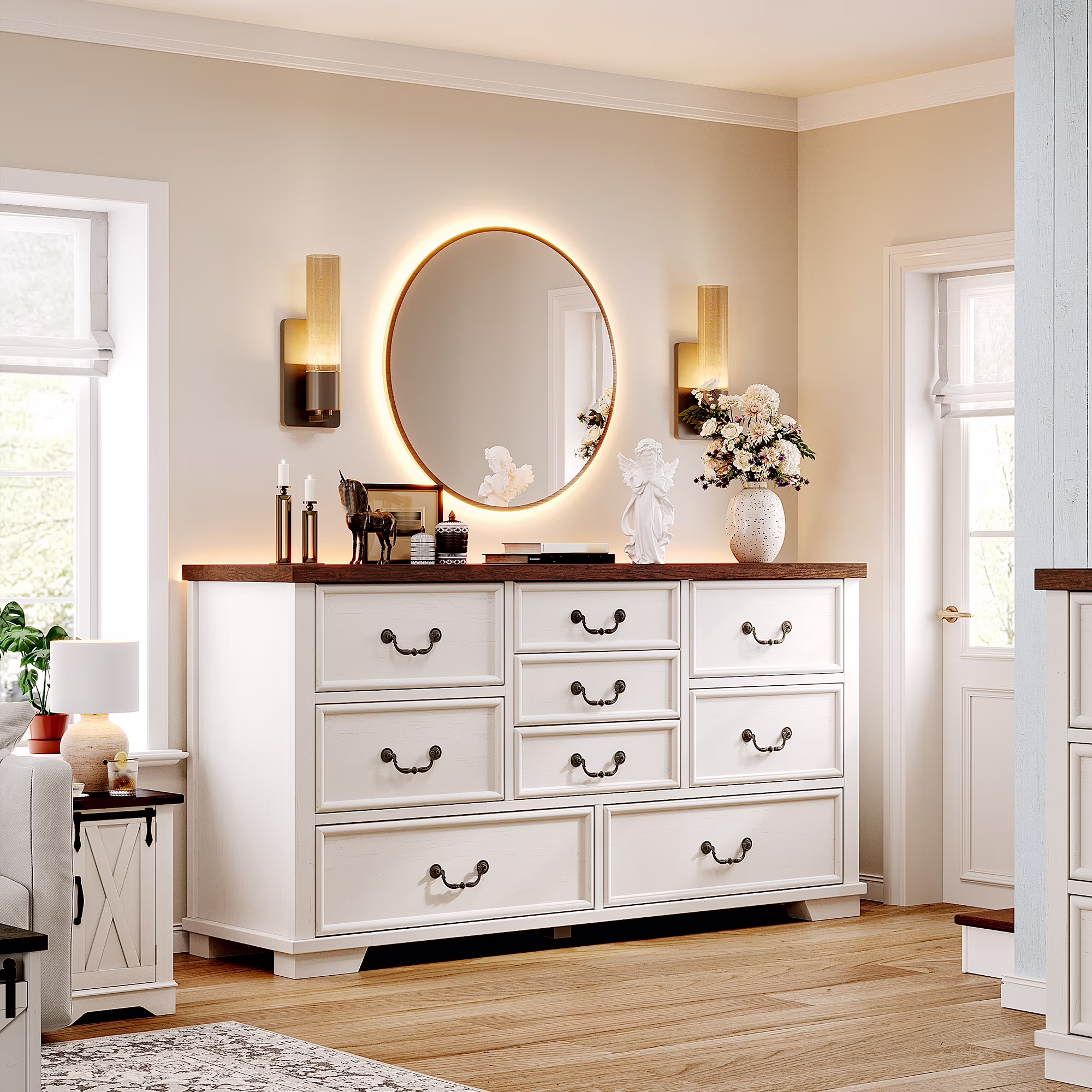 Enhomee Wood Dressers for Bedroom with 9 Drawers White Dresser Chest of Drawers for Living Room(White/9 Drawers)