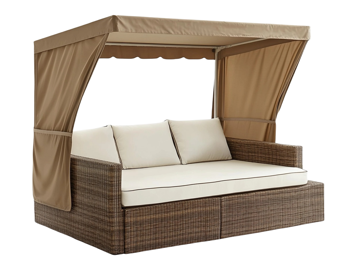 Sofá cama al aire libre con toldo de 200x100 cm color marrón de polirratán con cojines crema od0129185
