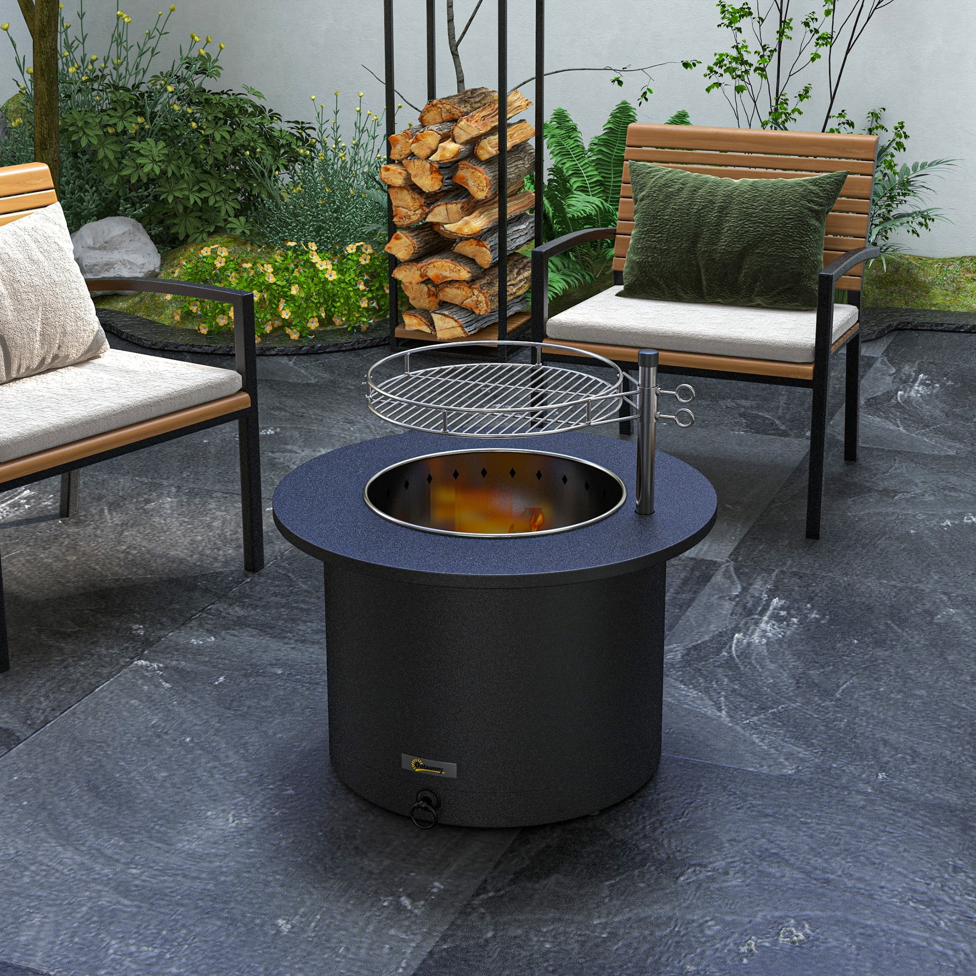 Outsunny 25" Smokeless Fire Pit, 2-in-1 Stainless Steel Firepit with Grill, Portable Wood Burning Fireplace with Poker and Ash Tray, Black