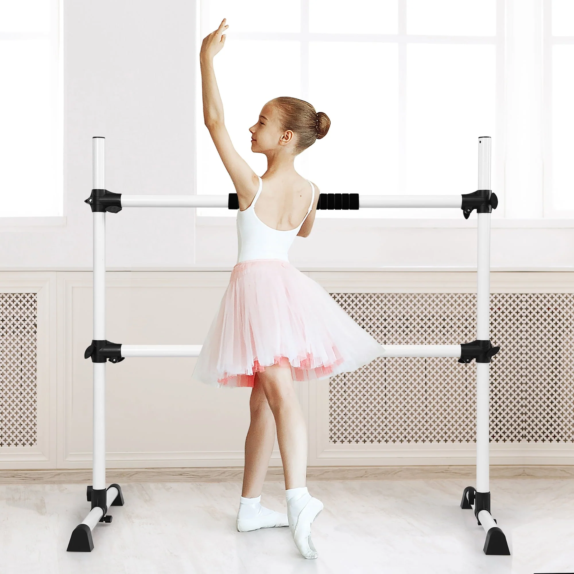 Goplus 4ft Portable Ballet Barre Freestanding Adjustable Double Dance Bar Silver - Image 2