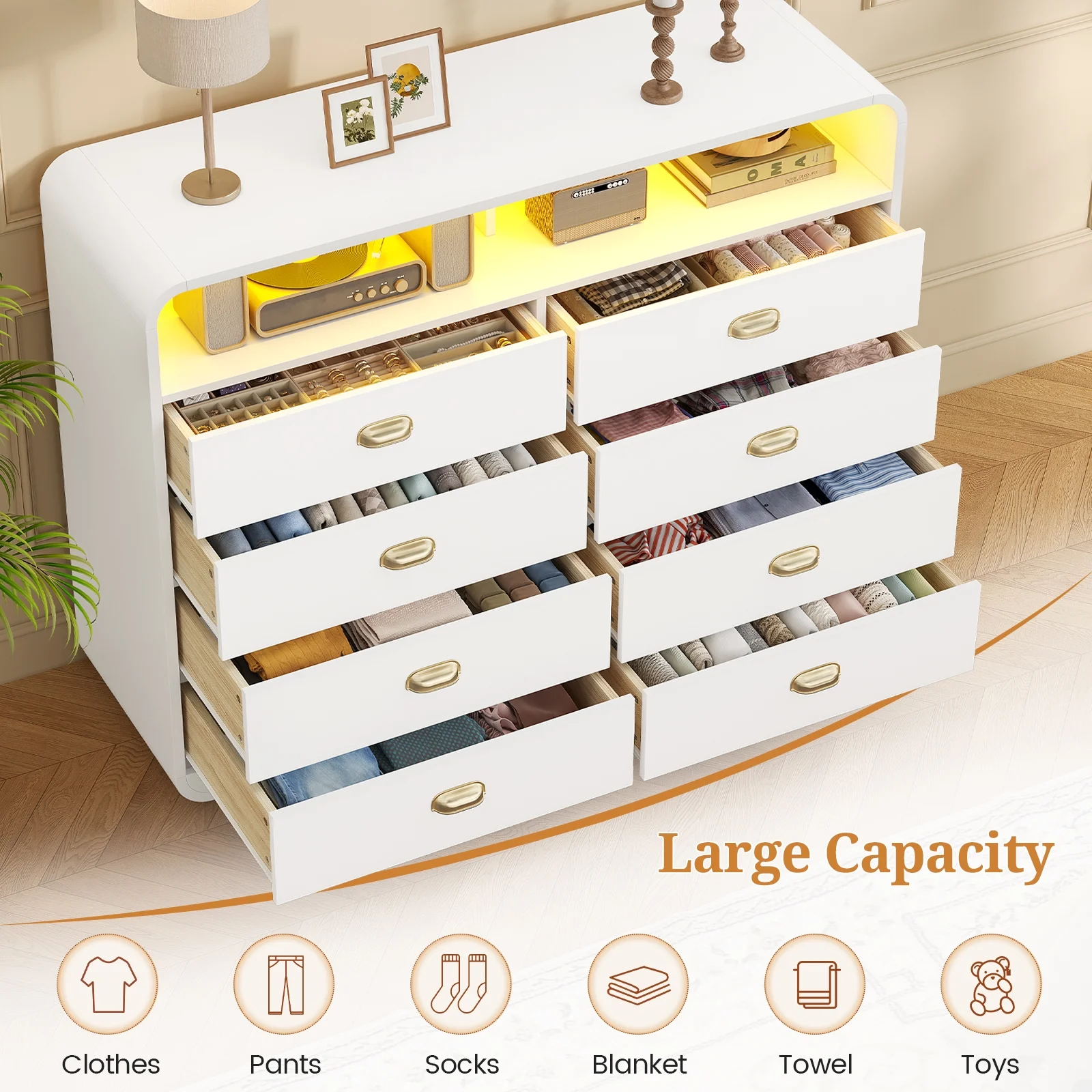 8 Drawers Dresser, Modern Chests Of Drawers with LED Lights, Curved Design for Living Room, Bedroom, White - Image 5