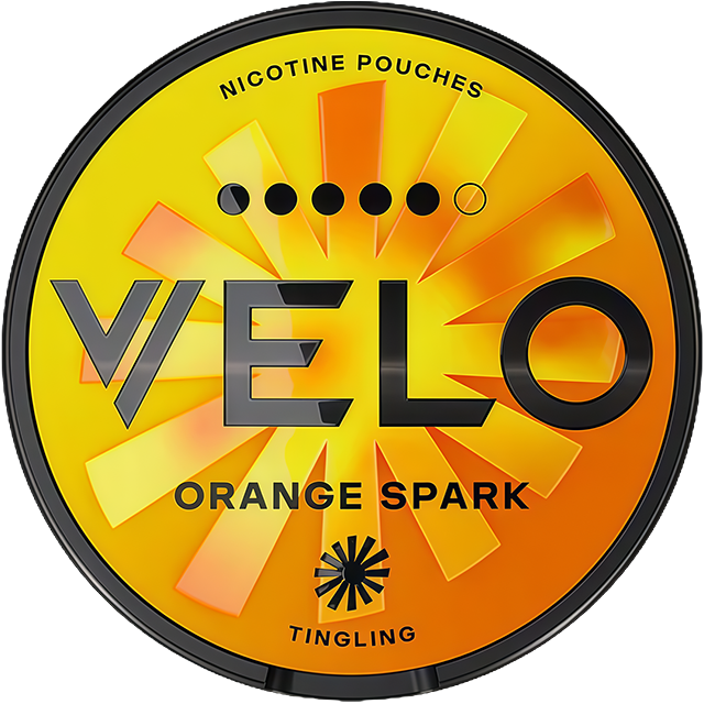 VELO Orange Spark 14mg nicotine pouches — Slim Moist can with 20 extra strong orange-fizz pouches