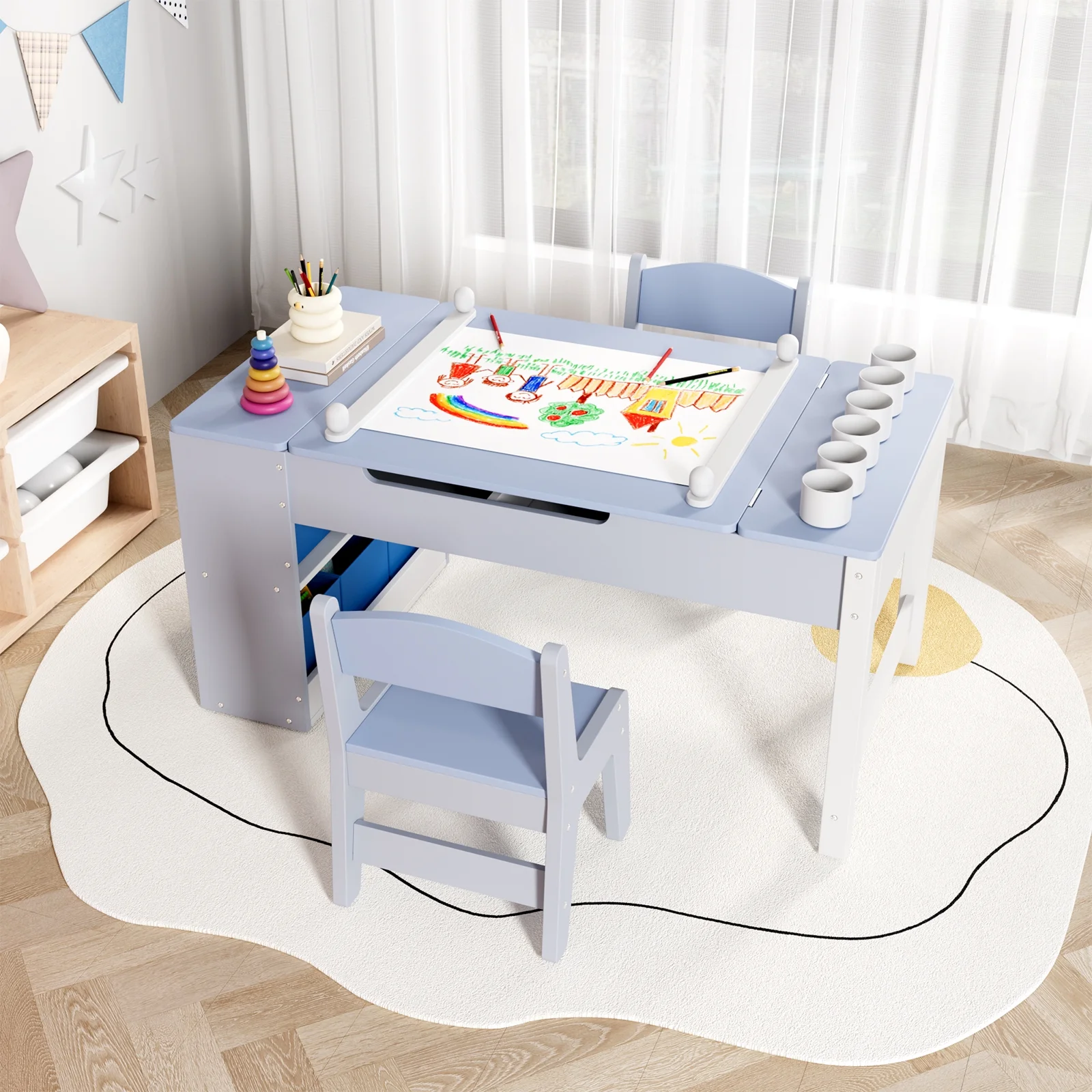 LAZY BUDDY Kids Art Table and 2 Chairs Set, 2 in 1 Easel & Toddler Craft Table and Chairs Set with Storage Bins, Paint Cups and Paper Roll, Activity Table Set for Children 3+ - Image 2