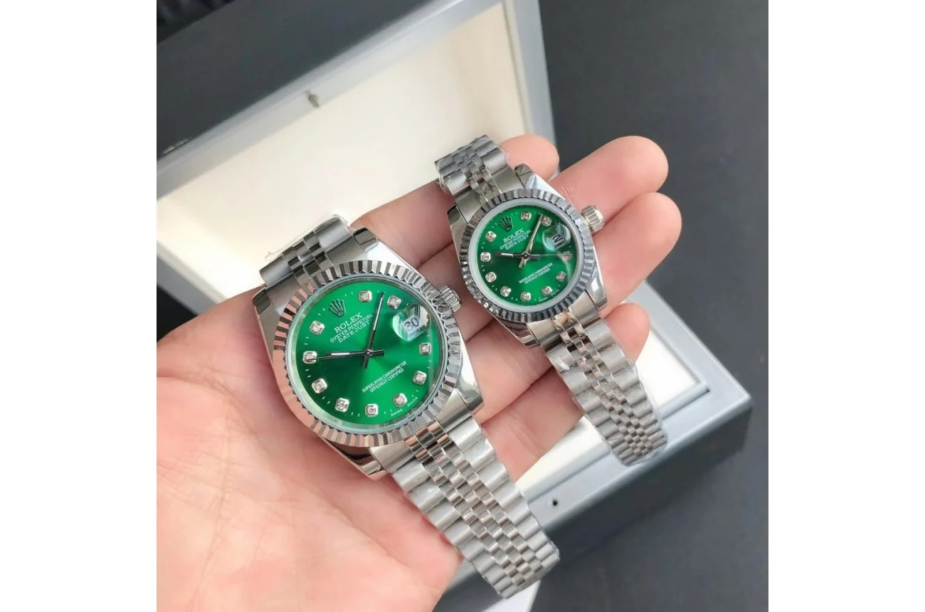 Couple Watches Rolex Datejust 36/28mm SS/SS Jub Green/Dia