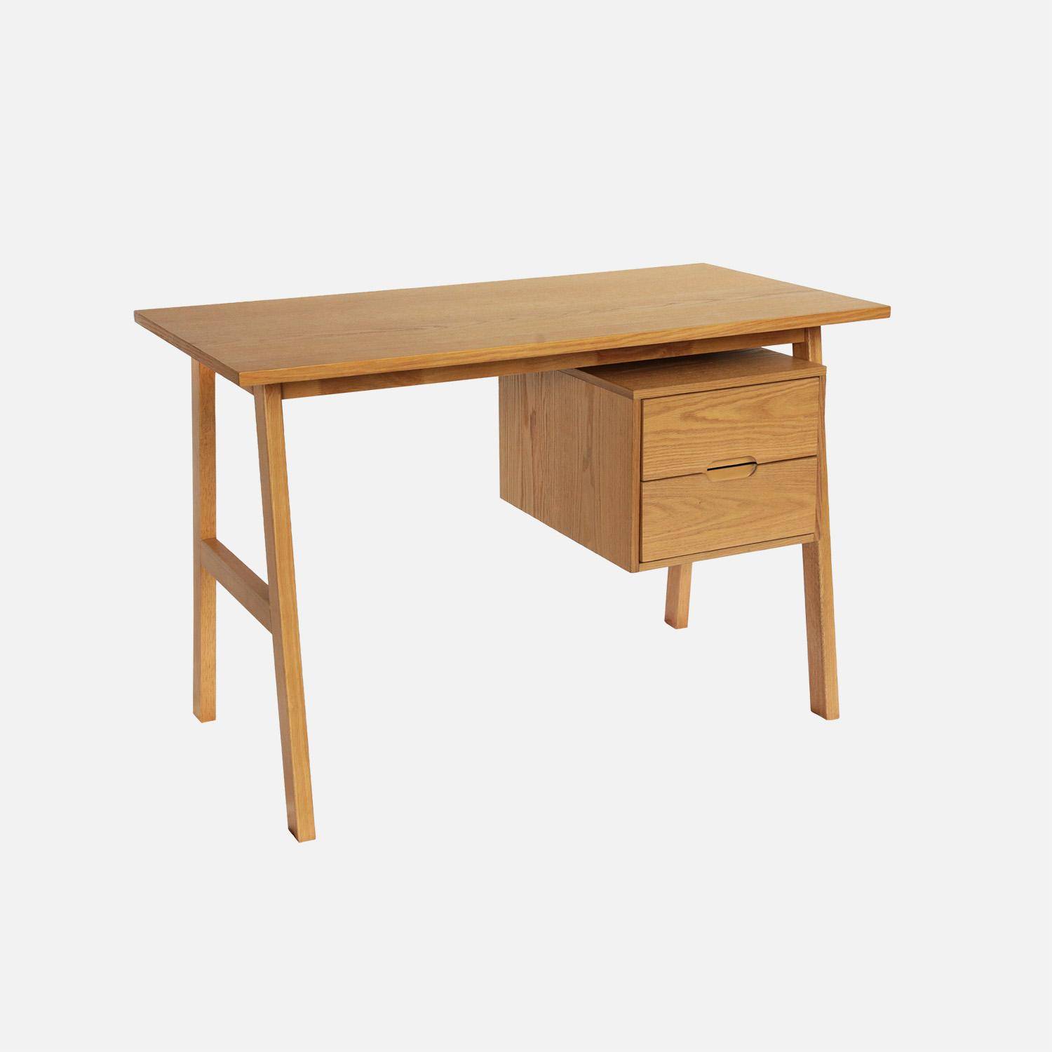 Alana - Escritorio de madera de hevea y chapa de roble, 2 cajones