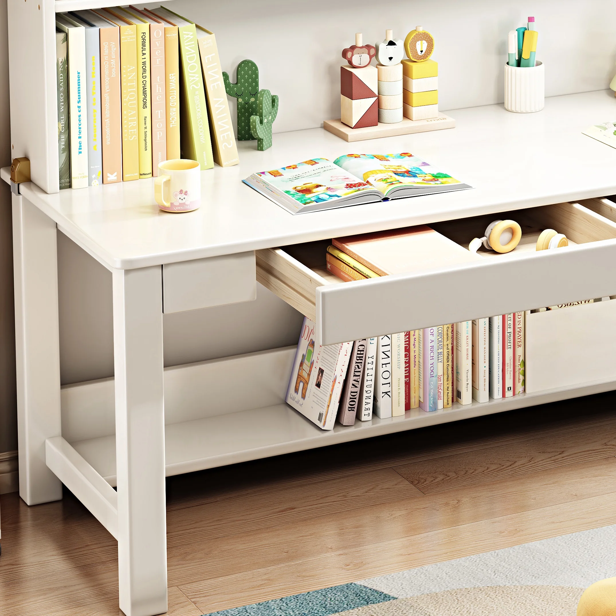 BALANBO Solid Wood Kids Desk and Chair Set with Hutch,Study Computer Desk with Drawers, Extra Large Two Person Study Desk Writing Table, Student White Desk with Bookshelf for Bedroom,Study Room,White - Image 7