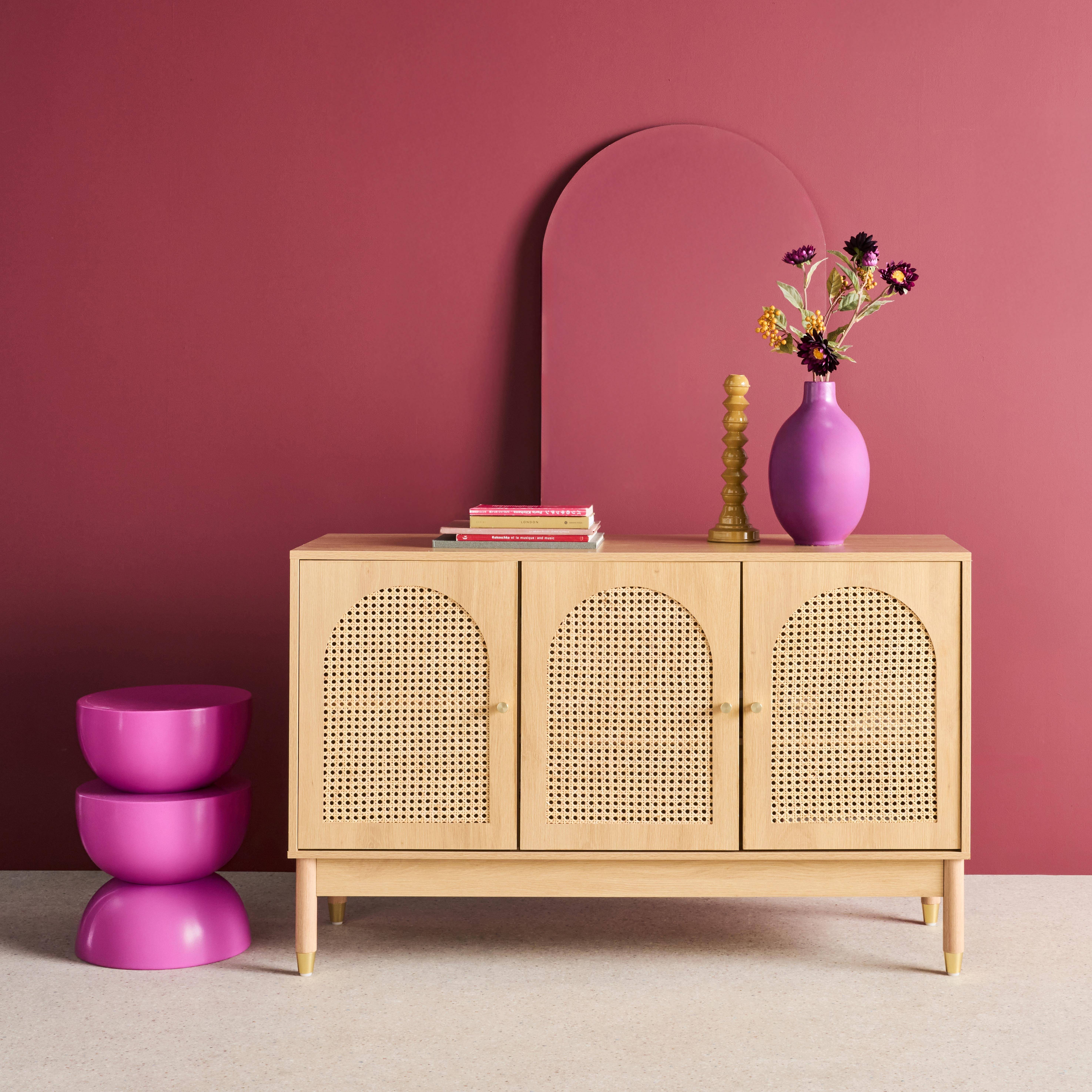 Judith - Aparador con decoración madera y mimbre 3 puertas, 120cm