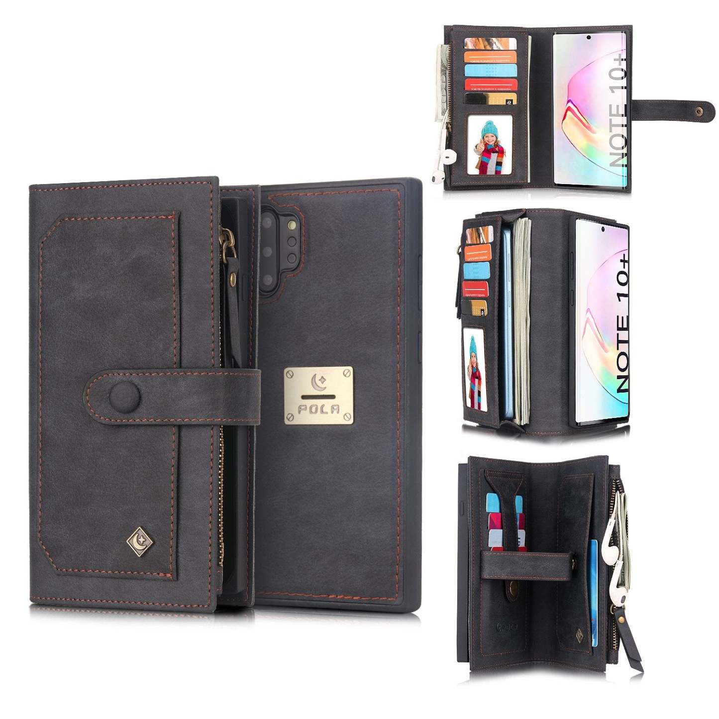 POLA Samsung Wallet Case , Leather Zipper Purse Detachable Magnetic 10 Card Slots Money Pocket Clutch Protection Back Cases Cover